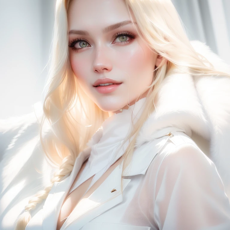(One Girl),masterpiece, highest quality, (alone focus), (Perfect Face:1.1), (High detail:1.1), (Ultra-detailed eyes), dramatic, 1 person, (Pale skin), Long Blonde Hair, Psychic Eyes, (Thin eyebrows), alone, Long Hair, Jordan Barrett, moon, night, White luxury suit, Covered nave, Pouting, fur, Proud look, Beach, Detailed Background, Art by artgerm, Cinema Lighting, rose, fashion, Balenciaga Style,  Big firm bouncing Breasts