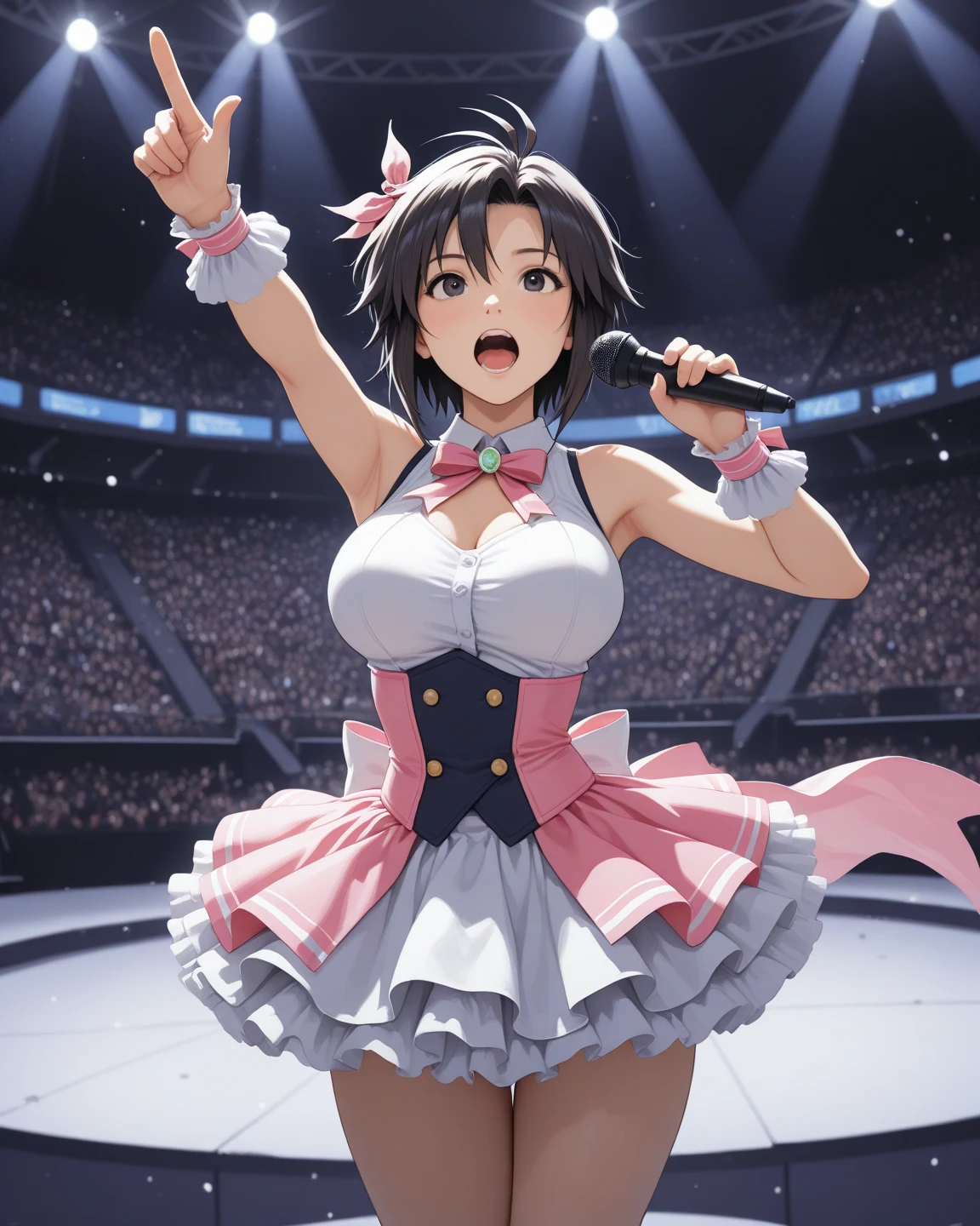 (highest quality:1.2, Very detailed, up to date, Vibrant, Ultra-high resolution, High Contrast, masterpiece:1.2, highest quality, Best aesthetics), Portraiture, girl, 独奏, singer、stage、performance、Rock Music、Bright colors、Beautiful fine details、Beautiful lip detail、midium wave hair、red and white ((streaked hair:1.6)), highlights hair: 1.5, red eyes, slim body, middium breast, (tan skin:1.1), Music band、Cheerful pose、Concert Light、Edgy Style、Skirt-style-bikini、loose fit, Dynamic Movement、hypnotic sounds、Stadium、amplifier、Loud music、shouting into the microphone, vocal, jumping:1, left hand up, (right hand holding mike stand:1.5), (Floral Fineline tattoo design on left arm:1), ((mike stand)), Powerful vocals、Passionate performance、Sparkling stage、Concert atmosphere、Music Festival、Full of emotion、Rock star attitude、Resolute expression、Avid Fan、The presence of an attractive stage、 (put one knee forward), Expressive gestures、Rock star aura、An exciting atmosphere、Sing with all your heart、An unforgettable show, side view