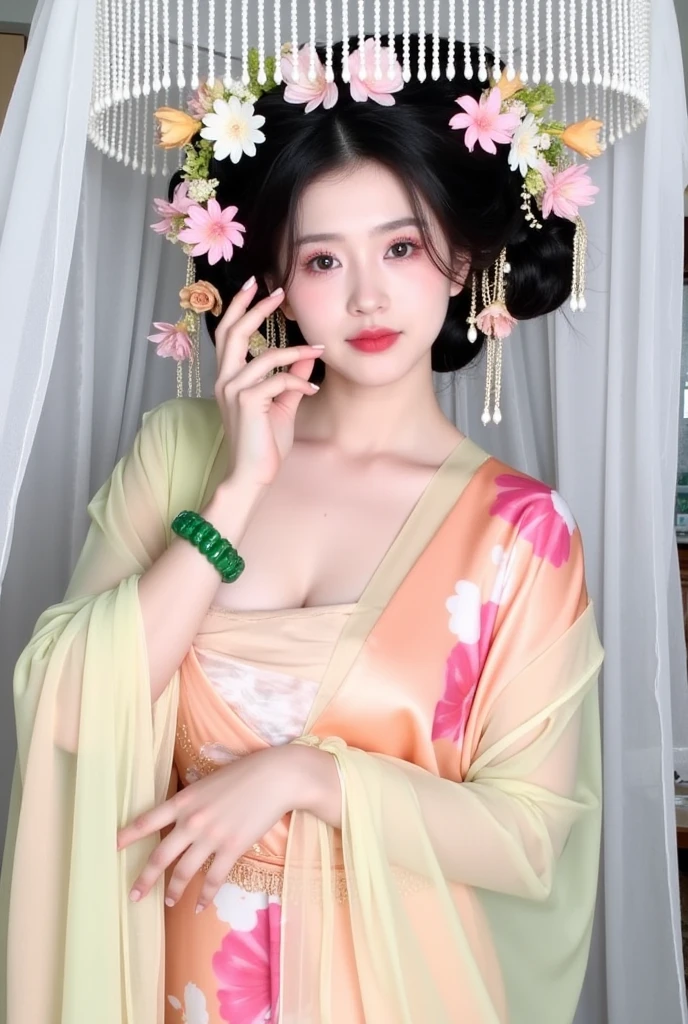 Highest quality, 8ก, very detailed, Virtual image, 1 girl, All in all, Chinese style kimono, green jacket, purple long skirt, blue eyes, a green hair,bare chest, , small breags raised, bottom,Spread your legs, sleep, Seduce