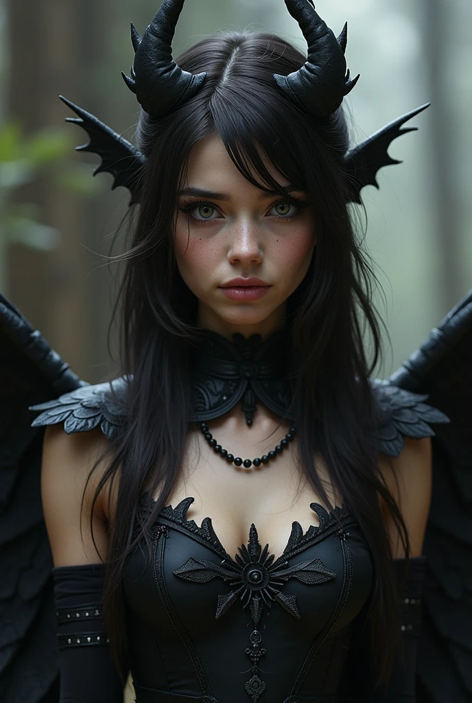 Character with long black hair, green eyes, horns like Maleficent, huge black wings and a cute black outfit