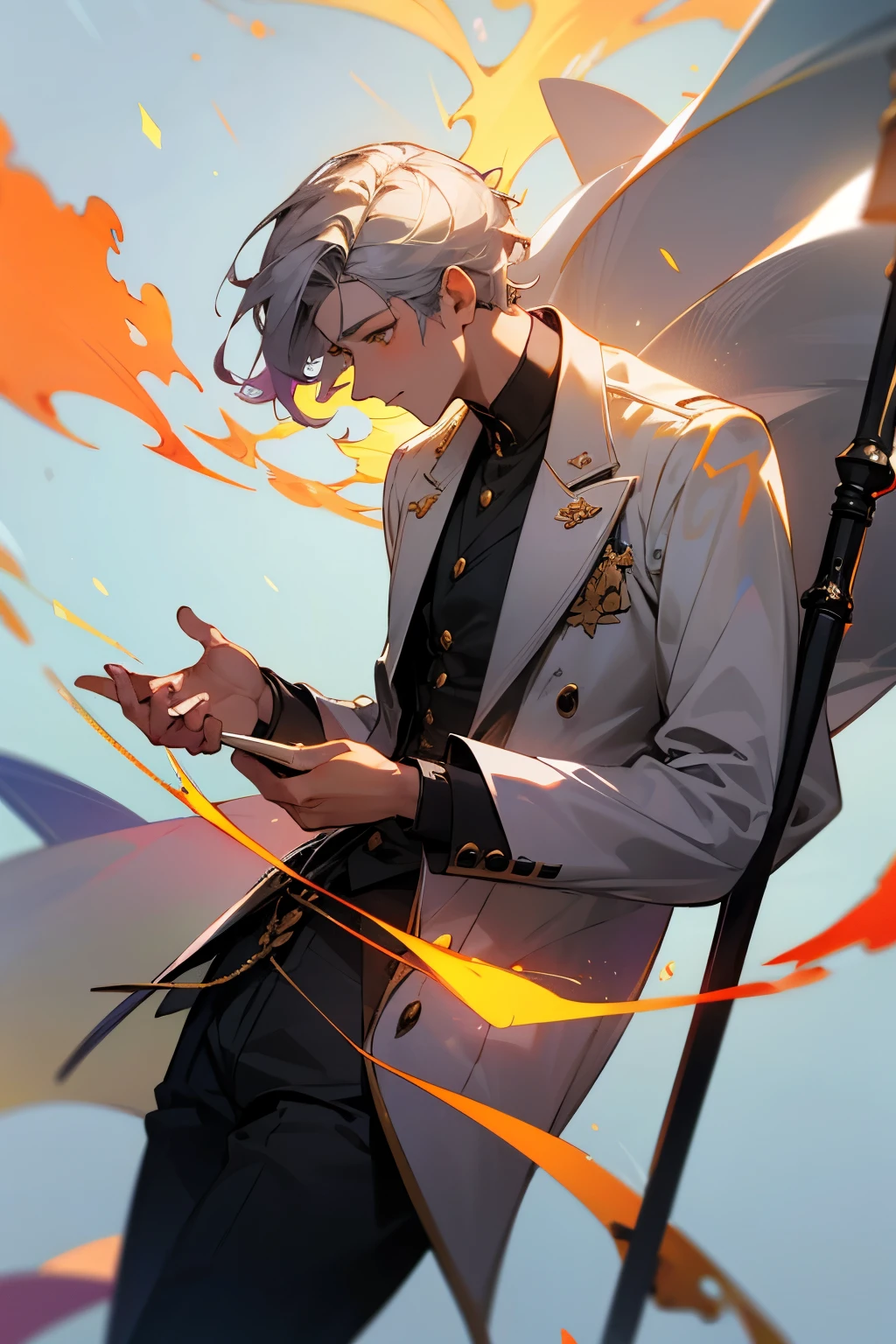 high quality, 8K ultra HD, 남신의 실루엣과 해녘 해안이 결합된 아름다운 double exposure, The coastline is used as the man's background, and, details are incorporated into the man. sharp lines, The background is solid , sharp focus, double exposure, nice full color, guy, man, Flattering masculine hair.  full body pose. with a hand on the waist. slightly wrong side view. A cane in one hand.  silver hair. yellow eyes
Male. Man Guy 1 person 
telegraphy. Full shot. full body holding a gentleman's cane on the floor with his right hand and his left hand holding his waist colorful background, Shoulder clothes scattered in the wind. 8 heads tall. ratio of non-women is good. high definition.  shining star, The surrounding fire