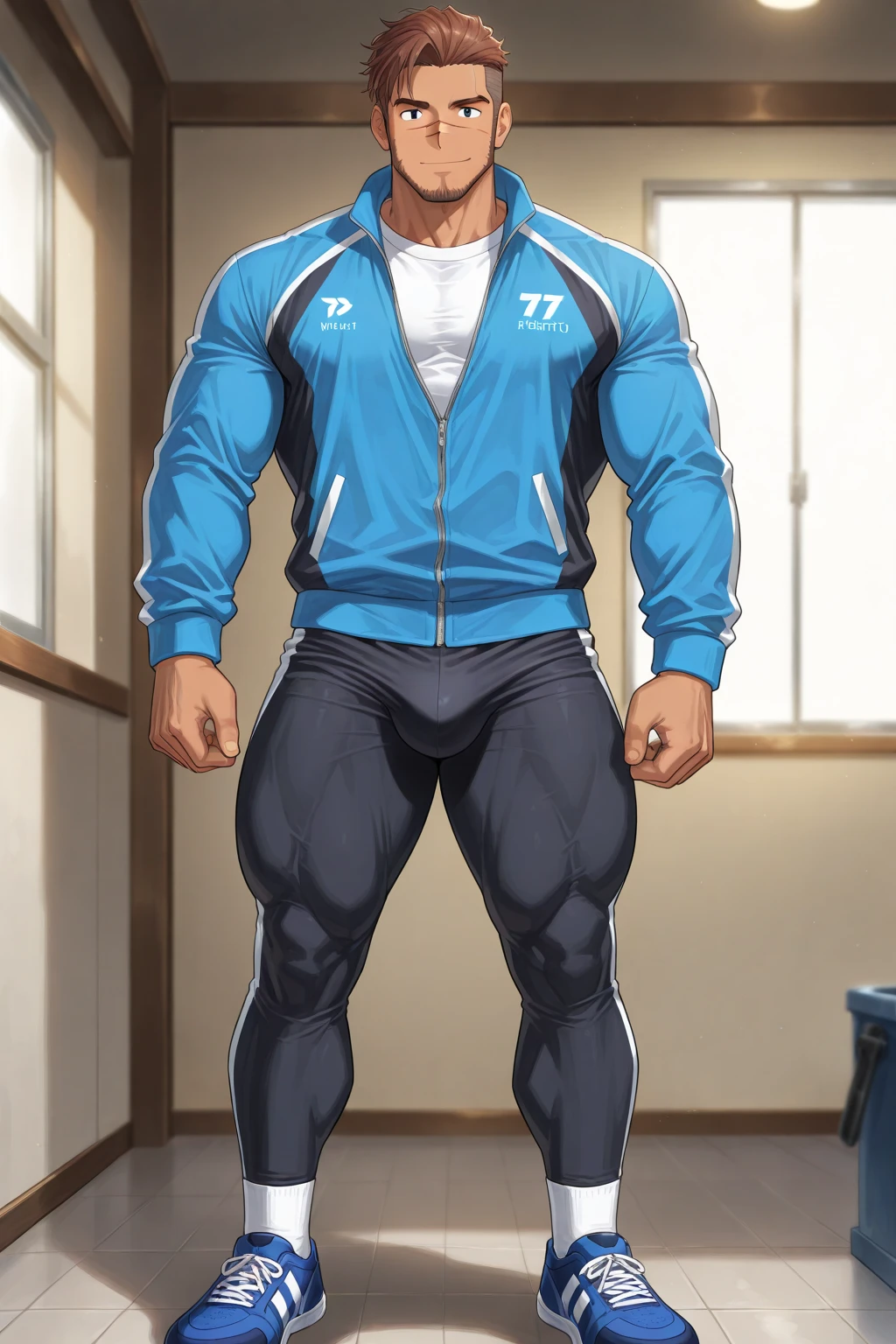 Ash Ketchum and from Pokémon flexing his biceps in a coach's office at the coach's orders under hypnosis with glowing red eyes as he grows into big dumb sweaty hairy muscular football jock bro. Flat top buzzcut haircut. Hyper muscles. Massive muscles. Big biceps. Big triceps. Big traps. Broad shoulders. Big pecs. Bulging crotch. Hyper crotch bulge. Dumber and dumber. Blank stare with open mouth while saying, "I am a dumb jock.... I obey.... Dumber and dumber.... Yes, Coach.... I'm your player, Coach. Whatever you say.... Dumb jocks must obey.... Flex, ... grow, ... and obey.... Huhuhuhuh...." Slumped shoulders. Hypnosis. Brainwashing. Bigger and dumber jock bro. Assimilation. Transformation into big dumb muscular jock bro. Slumped shoulders. Massive crotch bulge. Bulging glutes. Thick stubble. Hairy armpits. Repeating triggers to be dumber and dumber each time he says them to think and focus only on growing muscle and being the perfect football jock. Dimwit. Dullard. Bro. Stupid. Musclehead. Mass hypnosis. Entranced.