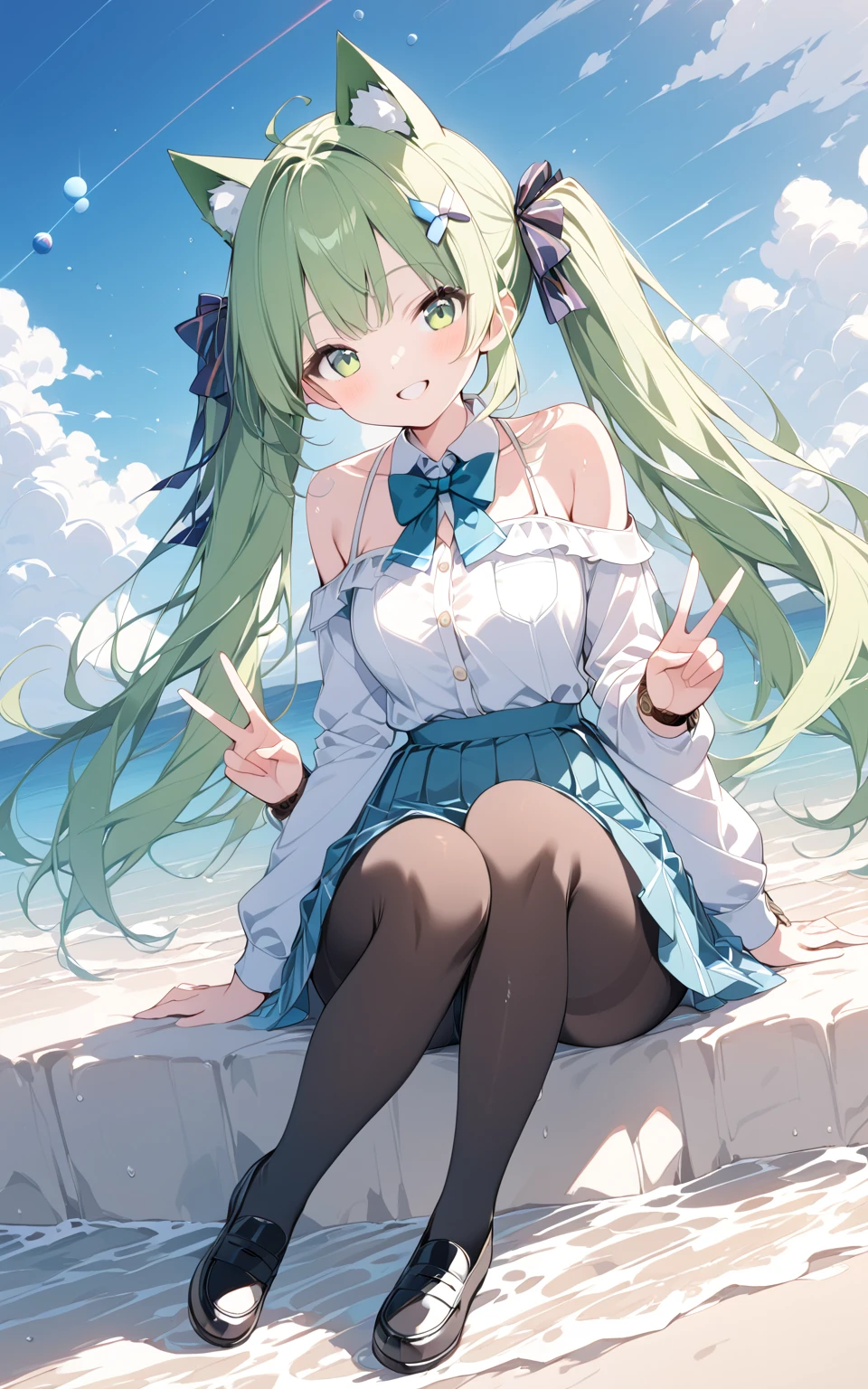 (masterpiece, best quality), 1 elven girl, ( bear breast), (light green hair,twin tails ,Long hair is fluttering in the wind), hair between eyes,light blue hair,hair flower ornament ,(blush, smile, light blue eyes), open mouth, fairly dress,
((((undone clothing)))), (Open the front of the fairly dress chest very wide), large breasts,multi colored hair,pointed ears,view from right side,(Cruising the highway in a open car ) , (color of the open car is white), ( the open car has 2 seats), (the open car has no roof), (passenger seat is left side in the open car), Palm trees line the shoreline,(sitting in the left seat of the open car)