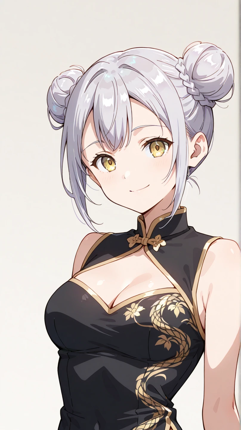 best quality, masterpiece, highres, solo, {aoba_moca_bangdream:1.15}, short_hair, grey_hair, bangs, blush, smile, blue_eyes, 1girl, earrings, green_eyes, jewelry, looking_at_viewer, :q, breasts, bun_cover, double_bun, dress, flower, hair_bun, hair_flower, ribbon, tongue, tongue_out, china_dress, chinese_clothes, hair_ornament, medium_breasts, simple_background, v, white_background, sleeveless, sleeveless_dress, upper_body
