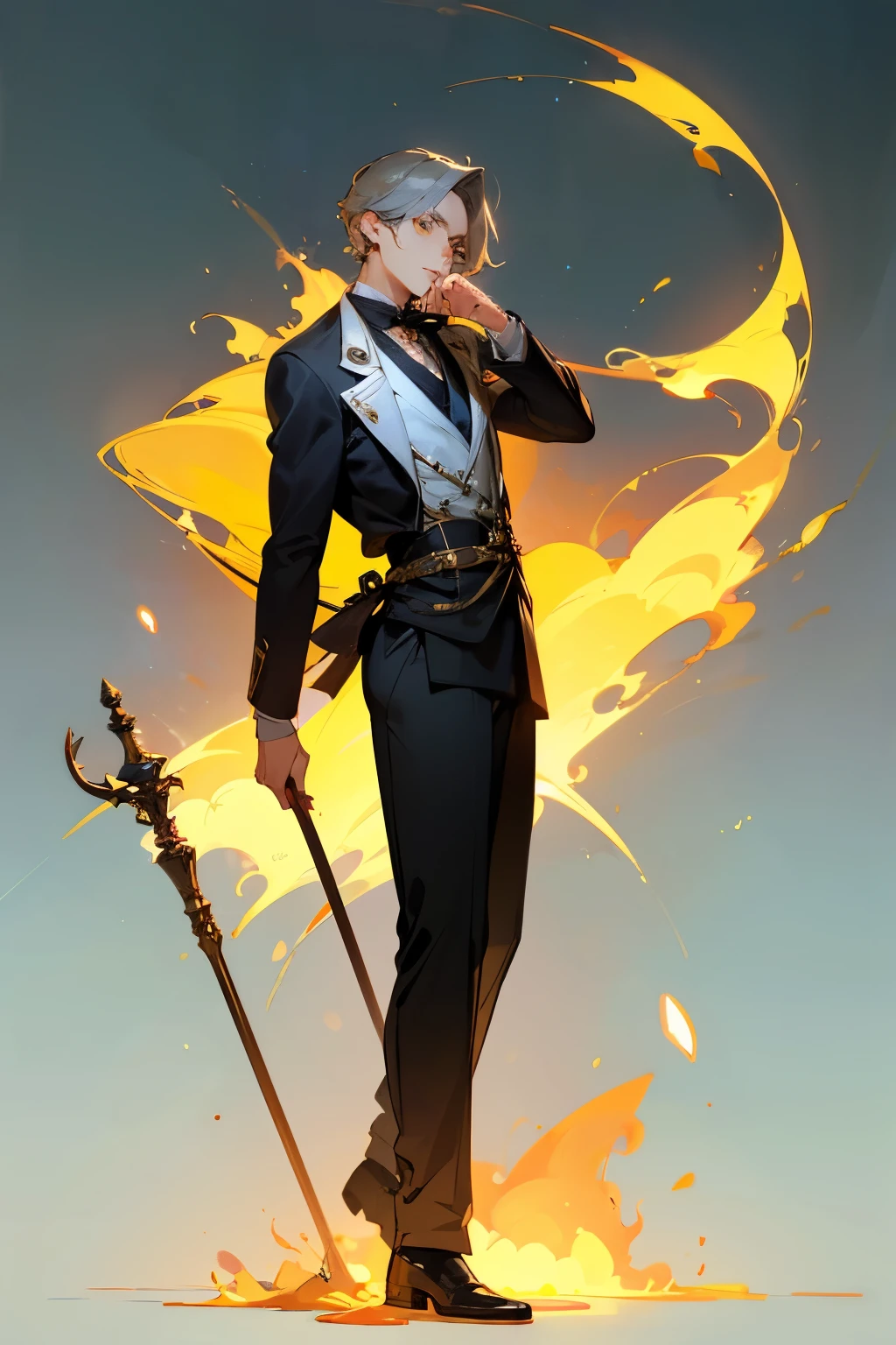 high quality, 8K ultra HD, 남신의 실루엣과 해녘 해안이 결합된 아름다운 double exposure, The coastline is used as the man's background, and, details are incorporated into the man. sharp lines, The background is solid , sharp focus, double exposure, nice full color, guy, man, Flattering masculine hair.  full body pose. with a hand on the waist. slightly wrong side view. A cane in one hand.  silver hair. yellow eyes
Male. Man Guy 1 person 
telegraphy. Full shot. full body holding a gentleman's cane on the floor with his right hand and his left hand holding his waist colorful background, Shoulder clothes scattered in the wind. 8 heads tall. ratio of non-women is good. high definition.  shining star, The surrounding fire