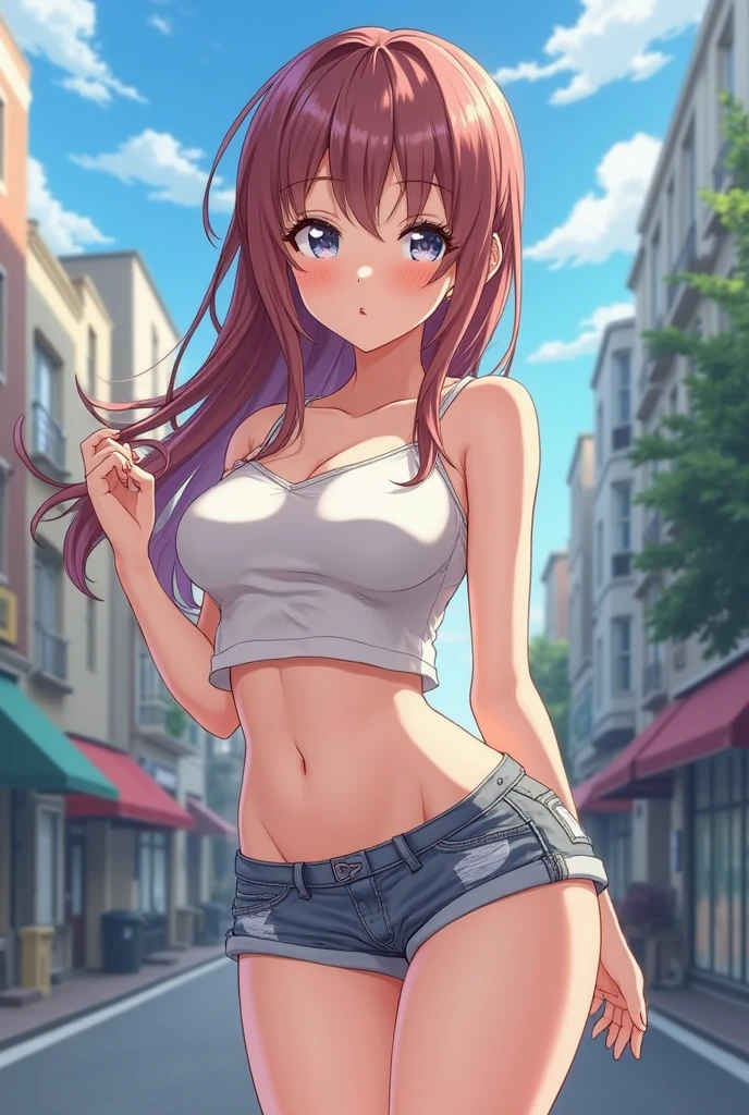1girl, solo, summer, village, trees, sun, clouds, ((colorful hair)), ponytail, large breasts, green eyes, ((floral pattern bra)), shorts, brown shoes, grin, looking at the viewer, standing, hair ribbon