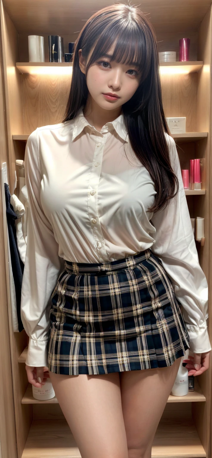 muste piece, best quality, illustration, Super detailed, fine details, High resolution, 8K,wall paper, perfect dynamic composition,(Details High quality, realistic depiction of eyes:1.3), (white school shirt :1.2), (plaid skirt :1.3), tie black, black thigh-high stockings, standing, open legs, short bob hair, in a classroom, blackboard in the background, deep on field, large breasts, black hair color, Big Natural Color Lip, (perfect body shape), crying a little、cold gaze, Harajuku style、30 year old girl、cute type、lolita、beautiful legs, Gravure Idol
