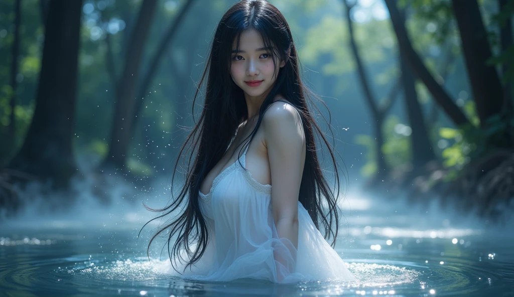 Keywords: watery big eyes, love pupils, [shy], long hair, master works, best picture quality, super high resolution, higher quality, beautiful girl, female, heart hair accessories, 8k resolution, hot girls, students, beautiful eyes, blush, thin shoulder straps, dusk, oasis, magic ring, volumetric light, cinematic lighting, natural light. Waterfall background, full body photo,
Snow Moon Law Moon Girl Light Shoulders, Solo, Crystal Clear Water Splash Perfect Reflection, Eyebrow Pattern, Beautiful Black Eyes, Floating Water Splash, Black Water Droplet, Beautiful Glow, Best Quality, Illustration, Masterpiece, Best Production, Best Quality, Highly Detailed, Extremely Detailed CG, Lighting, Cute, Tyndall Effect, Burning Splash Wrapped, Light Shoulders, Depth of Field, Black Water, Super Moe, Shining, Beautiful
The, delicate facial features, cute, black water particle special effects, dreamy, floating
Black glowing particles, burning hair, necklace
((Masterpiece)), ((Highest Quality)), exquisite CG, blue-purple tone, sweet
Beautiful beautiful girl with a cute smile