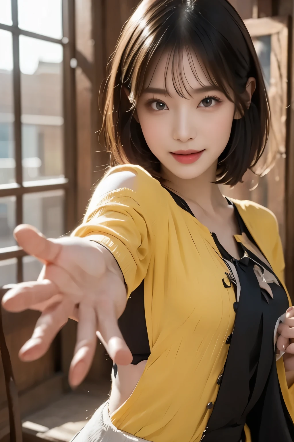 realistic、high image quality、Sharp details、8K、1 woman、((reach out your left hand 2.0))、((stick your left hand to the camera 2.0))、Reach out your left hand、((メラにreach out your left hand 2.0))、((short short hair 2.0))、 has bangs、((Long sling 2.0))、Foxy face、natural makeup、 has a bright smile、blue open shoulder top