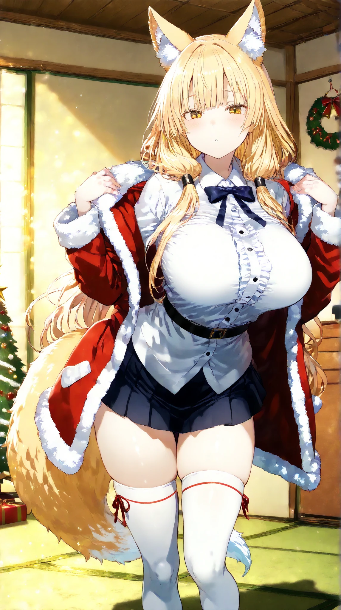 Roxanne Demin kin 1girl, solo, breasts, large breasts, Body position: Standing, straight, symmetrical, barefoot, Lustful smile on face with red blush, fluffy ears, dog ears, blonde hair