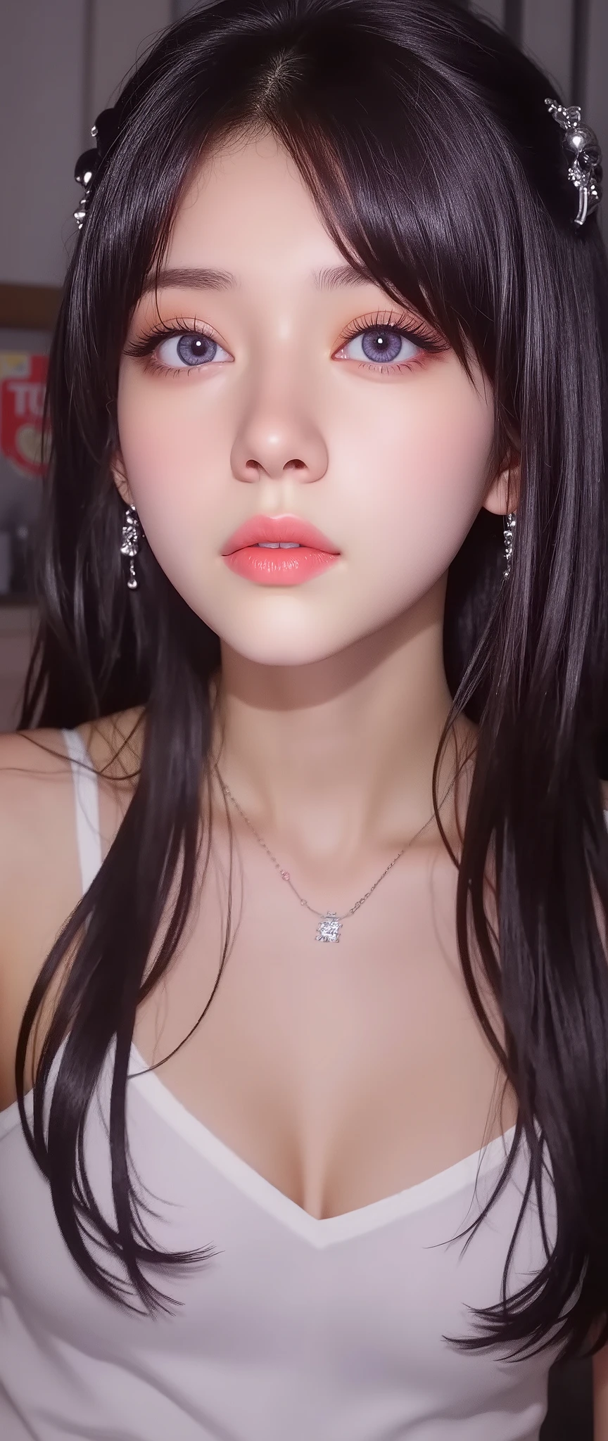 photorealistic,Realistic illustration in Modelshoot style,((masterpiece)),((The best quality)),((Ultra Quality)),((ultra detailed)),((1girl long white hair)),((Only)),((waifu:1.5)),Perfect anatomy,perfect hands,beautiful cuerpo,beautiful_method,ulzzang-6500-v1,e-chica,Exceptionally Beauty Waifu, perfect figure beautiful woman:1.4, Cocked buttocks:1.2, ((Random Long Thick Hairstyle) ((Brown Wavy Hair In Big Curls))(Long white legs:1.3,(Crop Top With Jean Shorts:1.2) , (inside in room: 1.2), Highly detailed facial and skin texture, A detailed eye, double eyelid,Whiten skin,(Straight big breasts:1.3), looking at camera, Wear a necklace, HDR, epic realism, high-octane rendering, obra de arte,,((bright-pink_eyes)),long wavy hair,hair clips,eyeliner,cute makeup,lipstick,Glossy lipstick,with a look of terror, worry and sadness,((eyes detallados perfectos)),rainy with fog outside,evening,pink theme,bioluminiscencia,light particles,((Extremely CG Unity 8K Wallpaper)),((cinematic lighting,Best quality lights)),intricate details,Suave,sharp focus,Extremely beautiful and aesthetic,Octane rendering,Full length portrait,damp skin,((Perfect detailed body)),