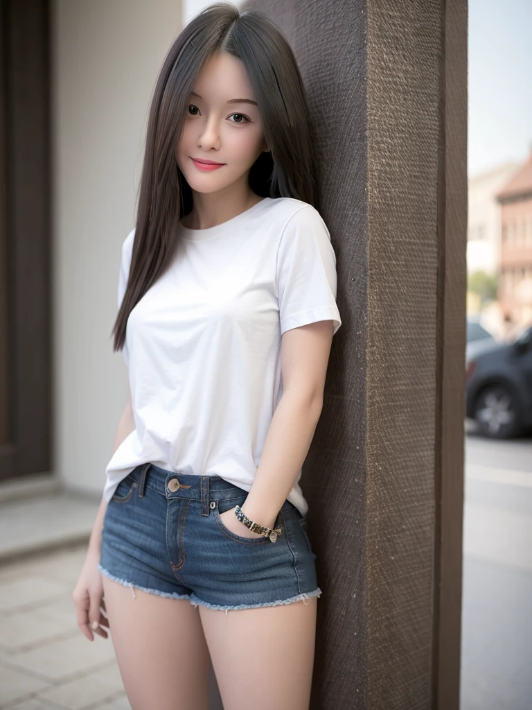 1 girl,(Brunette hair and semi-long hair)(beautiful hair), actor, Smile, shiny skin, best quality, masterpiece, (lifelike:1.4), patio seating, Europe, France, Paris, denim mini skirt (lifelike面料), White short sleeves (cotton fabric), (No logo), Thin fingers