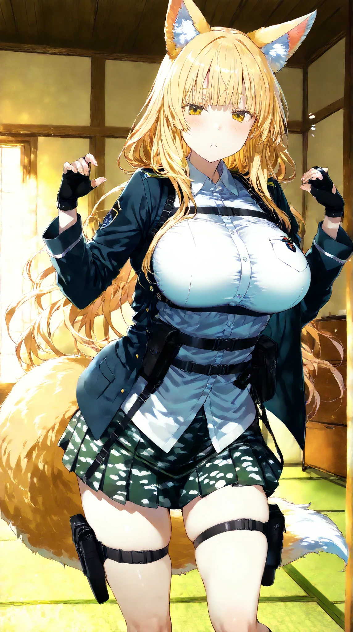 Cowgirl Position anime, submissive, masochistic collar, high quality, beautiful, big breasts, thick throat, collared, masochistic, humiliation, perverted face, ecstasy, full body, blonde hair, anime fox girl, staring forward, staring pervertedly at the viewer Have sex