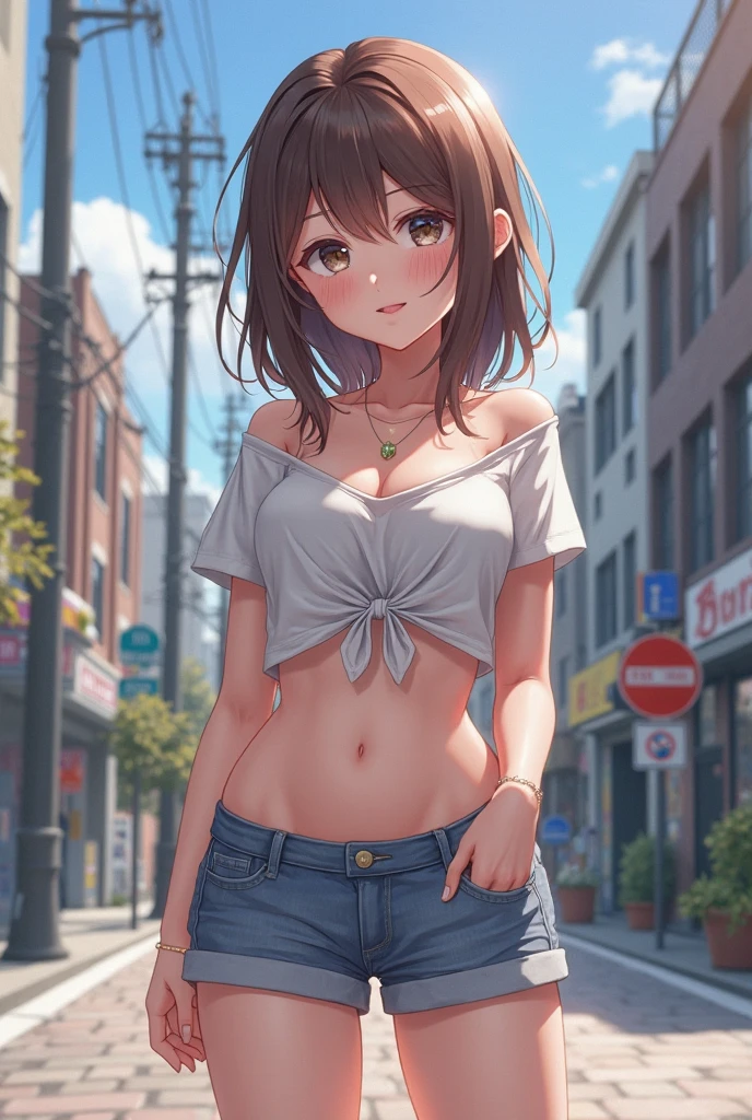 ((alone)), city, street, ((white shirt)), wet shirt, blush, Sobby expression, Shoulder bag, 1 girl, hairpin, huge breasts, denim shorts, ((shorts that cut into the crotch)), ((long slender legs)), ((thin waist)), thick thighs, cowboy shot, Close your legs, Beautiful woman, adult women, sexy pose, Curvaceous
