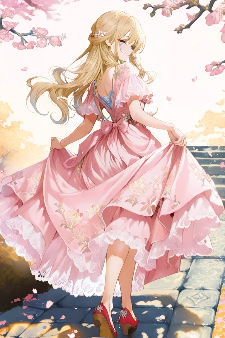 Cute blonde anime girl with a pink hat and a pink dress that shows her cleavage with some pink heels and brown eyes