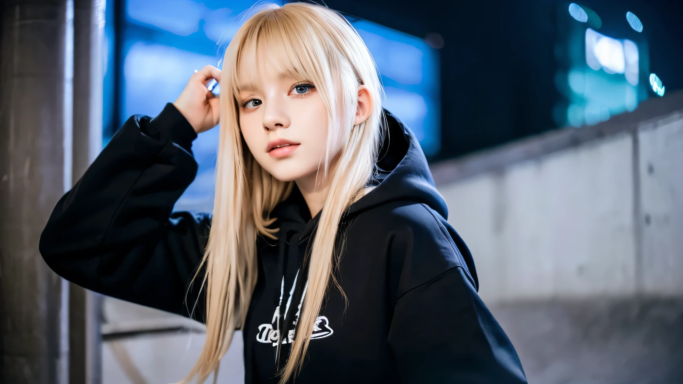 (((hoodie、Tight pants、White background、Big Breasts)))、forehead、Big Breasts、Northern Europe、Russia、beautiful girl、Platinum Blonde Hair、Straight long hair、Hitting the face and front of the eyes、Big blue eyes、Sheer white and wet nightgown、Northern Europeの若者、Perfect body、White tendons、Glowing Skin、Young and beautiful skin、A perfect and beautiful little face、Bright makeup、Pale pink lips、Bright expression、16-year-old girl、lipstick、Deceptive advertising、Viewer&#39;s vision、Golden Hour Lighting、Bokeh Atmosphere Perspective、detailed、Movie Light、複雑なdetailed、High resolution、 フェイスデザインのdetailedな特徴、Attention to detail、Clear focus、Smoothness、aesthetics、Printed、Octane、{{masterpiece}}