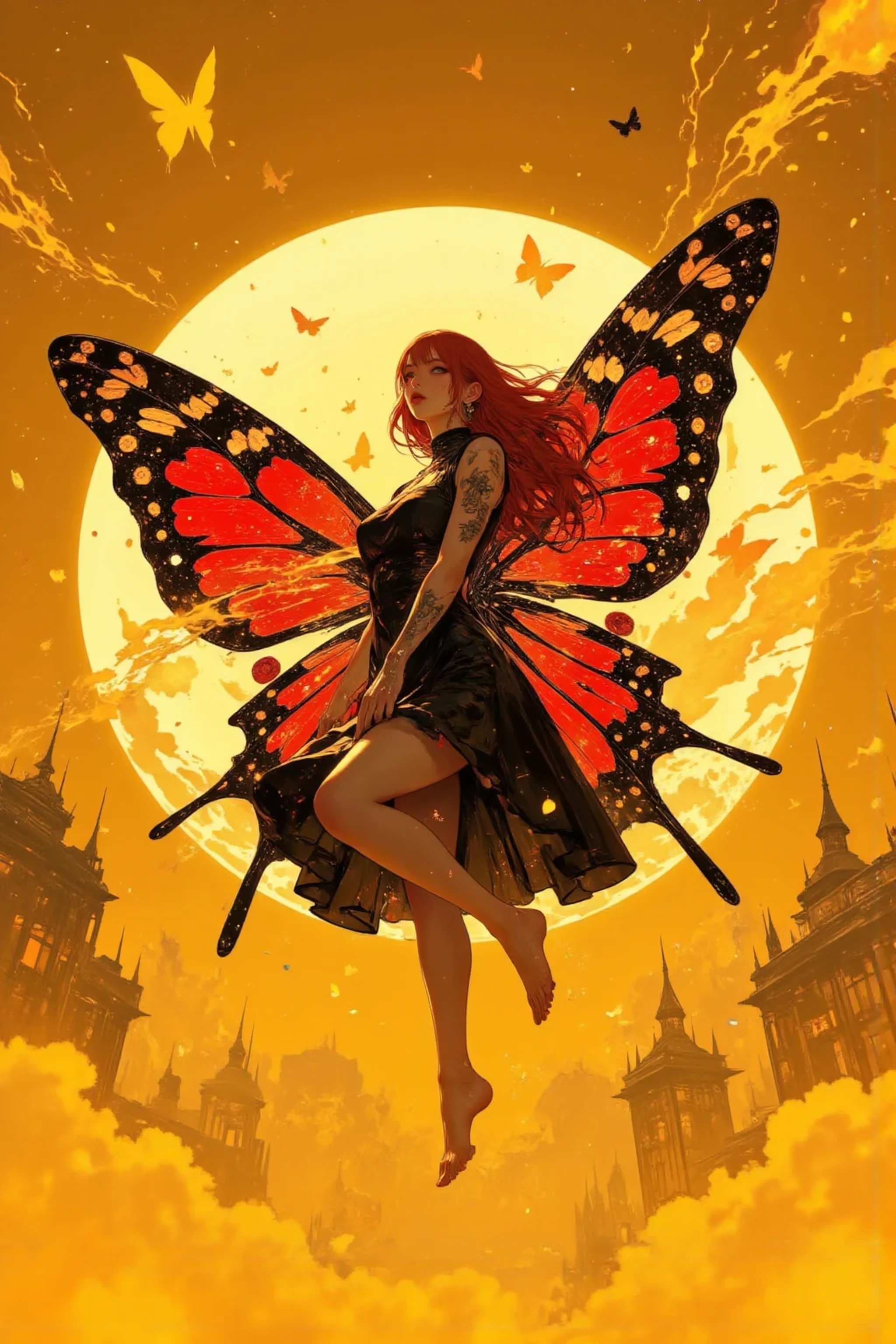 (masterpiece,best quality :1.2),details of face ,hands,legs,solo,flying goddess in the air,with butterfly winds, barefoot,long Red Hair,her Body Is Made of Stained Glass,Red and black giant butterfly wings,wearing a black one piece dress,beautiful like an angel,dynamism,bright golden sky,the theme is Angel Encounters,Incredibly Beautiful scene,Ultra Wide shot,strong colors,stylish anime
