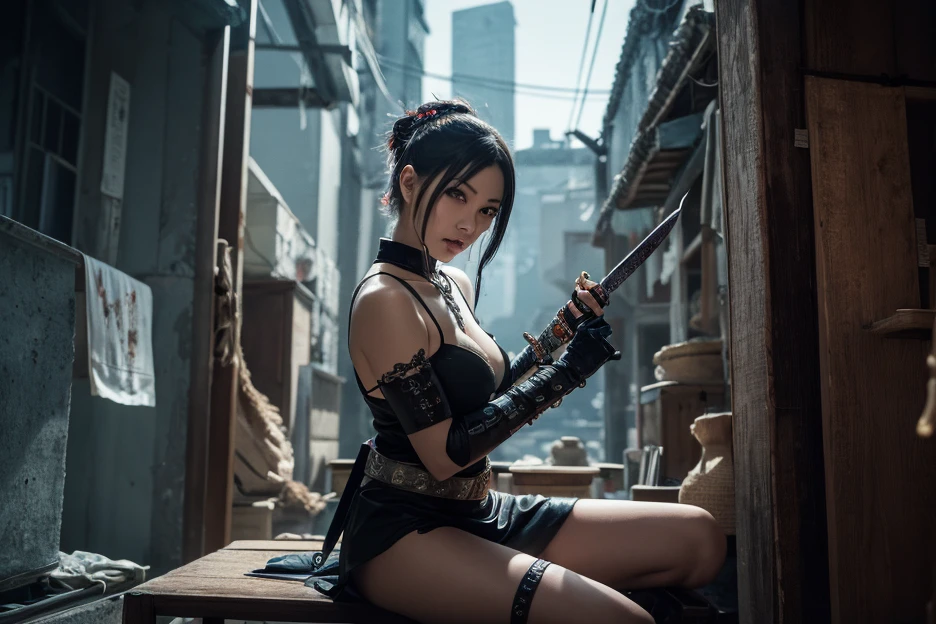 (((mtu))), (((best qualityer))), (((tmasterpiece))), (((AS-Adult))), ((( Japanese ))), Look up from your knees, Handsome Asian samurai,perfect body figure, Modern samurai, ((( Asian))), Wear gloves on your hands,The left arm is made of steel and metal tips,Made of protective devices, The eyes are pulled, (( Appears below the chest )), (( Small dental floss )), Simon Bisley, Almost naked(Simon Bisley)Castle City Wilderness,For high-resolution posters, hair straight, Minimum clothing, armure (Crazy clothes ), Full of tips and rivets, tribal tattoos, (((full bodyesbian))), Straight brunette hair,Colored hair ends