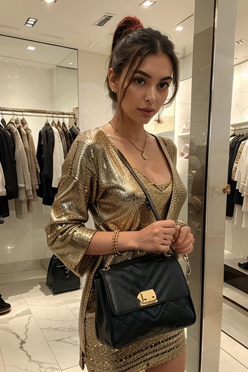 Luxury fashion! Create a post that captures your luxury shopping experience in Beverly Hills, including exclusive boutiques, high-fashion designers and lavish window displays. What was the most glamorous fashion item you purchased on your trip,american girl,20 years old, brunette, brown eyes