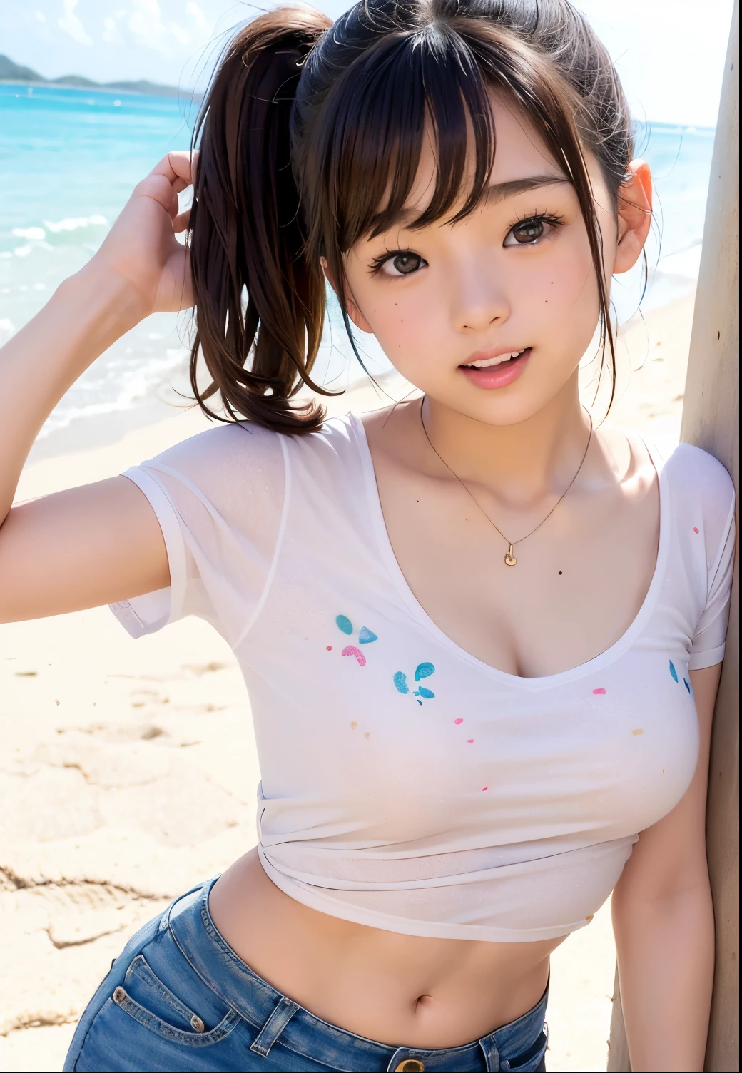 (highest quality,masterpiece:1.3,Ultra-high resolution),(Very detailed、Caustics) (Realistic:1.4, RAW shooting、)Ultra-Realistic Capture、Very detailed、Natural skin texture、masterpiece、(One Japanese girl wearing a sequined t-shirt and super mini denim hot pants:1.3)、Adorable expression、Expressions of Happiness、14 years old、Young Face、Amazingly cute、Twin tails、Curly Hair、Black Hair、Scrunchie、light makeup、necklace、Busty and bursting、Bare arms、Shining thighs、Shining ass、Shooting on the beach、Summer sunshine、smile、An inviting gaze、Cowboy Shot、Anatomically correct、Attention to detail、A pose that emphasizes the chest、