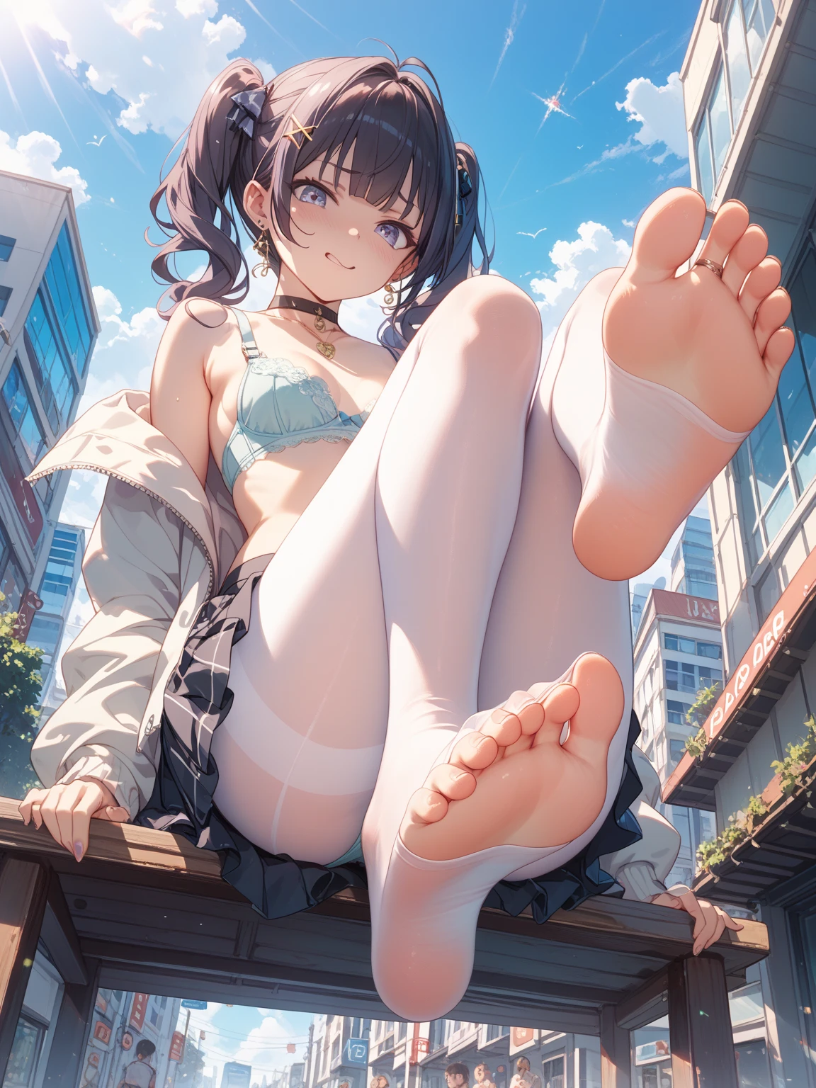 Trying to stomp、Anime illustration、Horror illustration、Panic Illustration、Hentai Illustration、grotesque illustration、business suit、giantess、Giantess、Gloomy Weather、creepy and scary face、Laughing with your mouth open、Black Stockings、Smelly and dirty feet、Double teeth、villain、Brown bob hair、Very small breasts、Very small breasts、Sitting in front of a group of small buildings、Ground cracking、Building debris、Dismembered buildings、rubble、Destroyed City、Collapsed buildings、Raise your hands、Low - Angle、blush、Sit on the ground with open legs、Small building district、A cityscape with buildings visible in the distance、Anime illustration、Tokyo Tower、土とrubbleで汚れた足裏、Soil on the back of stockings、Building being crushed