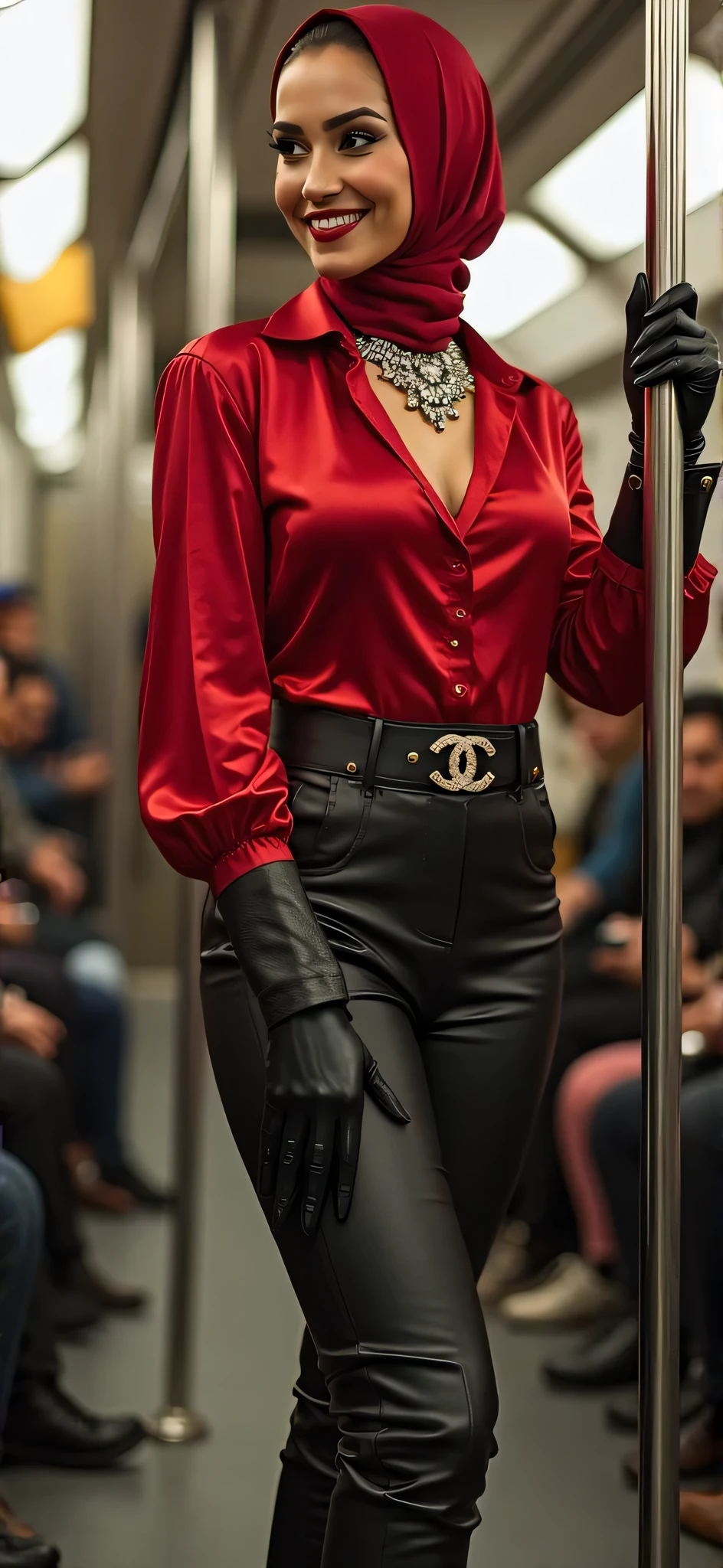 Illustrate a thrilling heist scene where the Lebanese woman wears a sophisticated ensemble inspired by “The Italian Job”.,&quot; Une tenue orange pastel qui respire la confiance alors qu&#39;she plans the perfect hug.((gros cul))