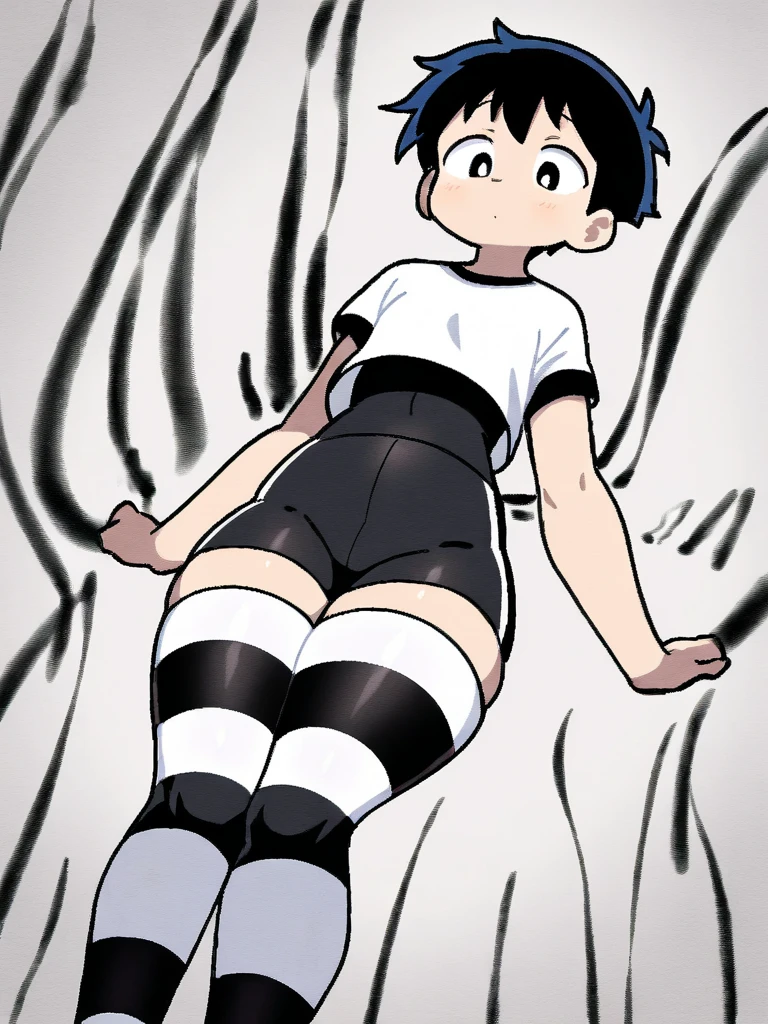 Cute boy lying on his back. spread your legs. black hair. short hair. white socks. whole body. white background.