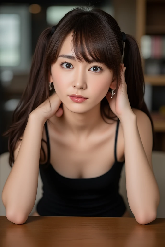 best quality, masterpiece, (realistic: 1,2), 1 girl, brown hair, brown eyes, Front, detailed face, beautiful eyes, half squat