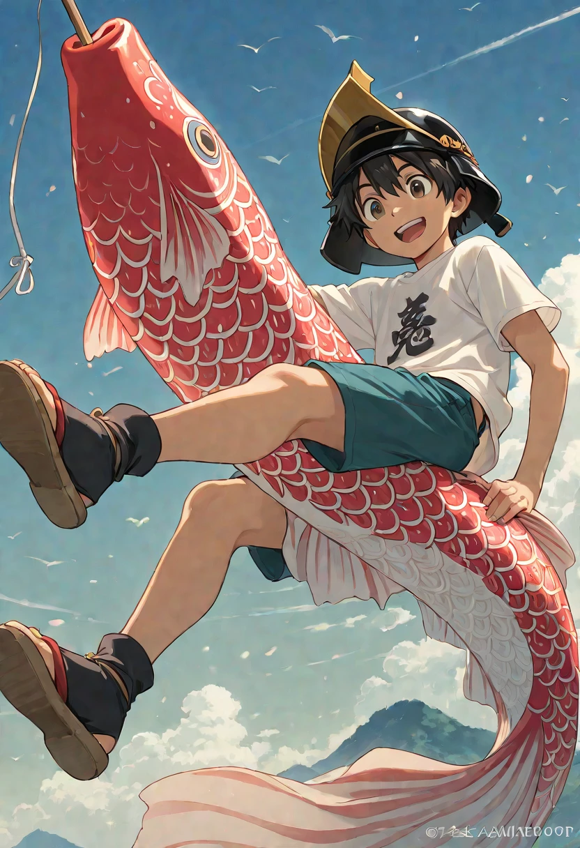 A short black haired boy wearing a fisherman outfit is fishing for a giant fish.
