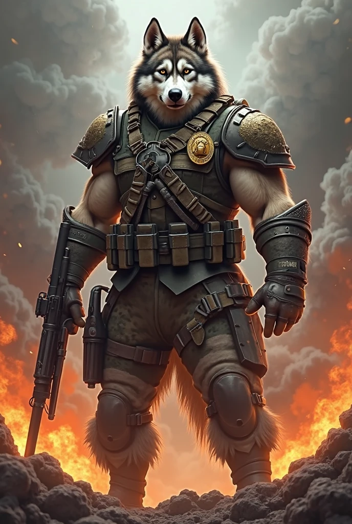 Animal bear personified in an assassin with army suits and technological weapons, very strong body with enough muscle definition, post-apocalyptic scenario with tall buildings behind him destroyed and dead people,((masterpiece, better quality))(very well detailed image)