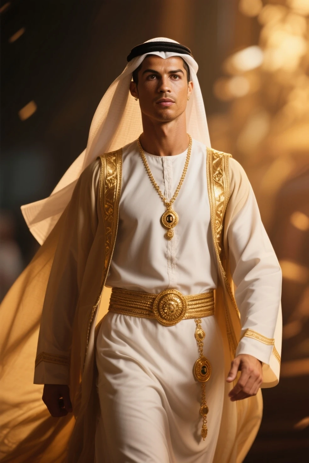 Young handsome cute white skin smooth skinny beautiful face shirtless In the Arena decert dressed in a golden Arab dress with a camel sitting on a king's chair on a red carpet