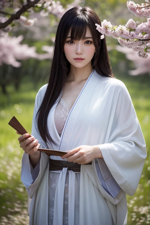 best quality,masterpiece,Ultra-high resolution,(photoactual:1.4),,beautiful_Face,Twenty-five-year-old oriental nine-tailed fairy fox woman,bright eyes,cleavage,Long silver hair above the waist,Wearing a Japanese kimono(1:0),Samurai sword,Drinking under the flower tree,Peach blossoms flying