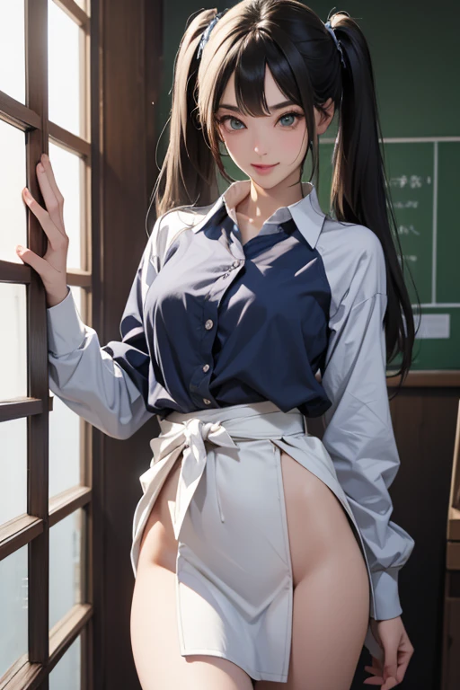 RAW, masterpiece, best quality, extremely detailed, 8k, HDR, photorealistic, intricate, A skinny Asian girl, she has an extremely slim body with narrow and small hips, long straight hair, wearing a short sleeves office shirt and white panties, smile, standing, outdoors