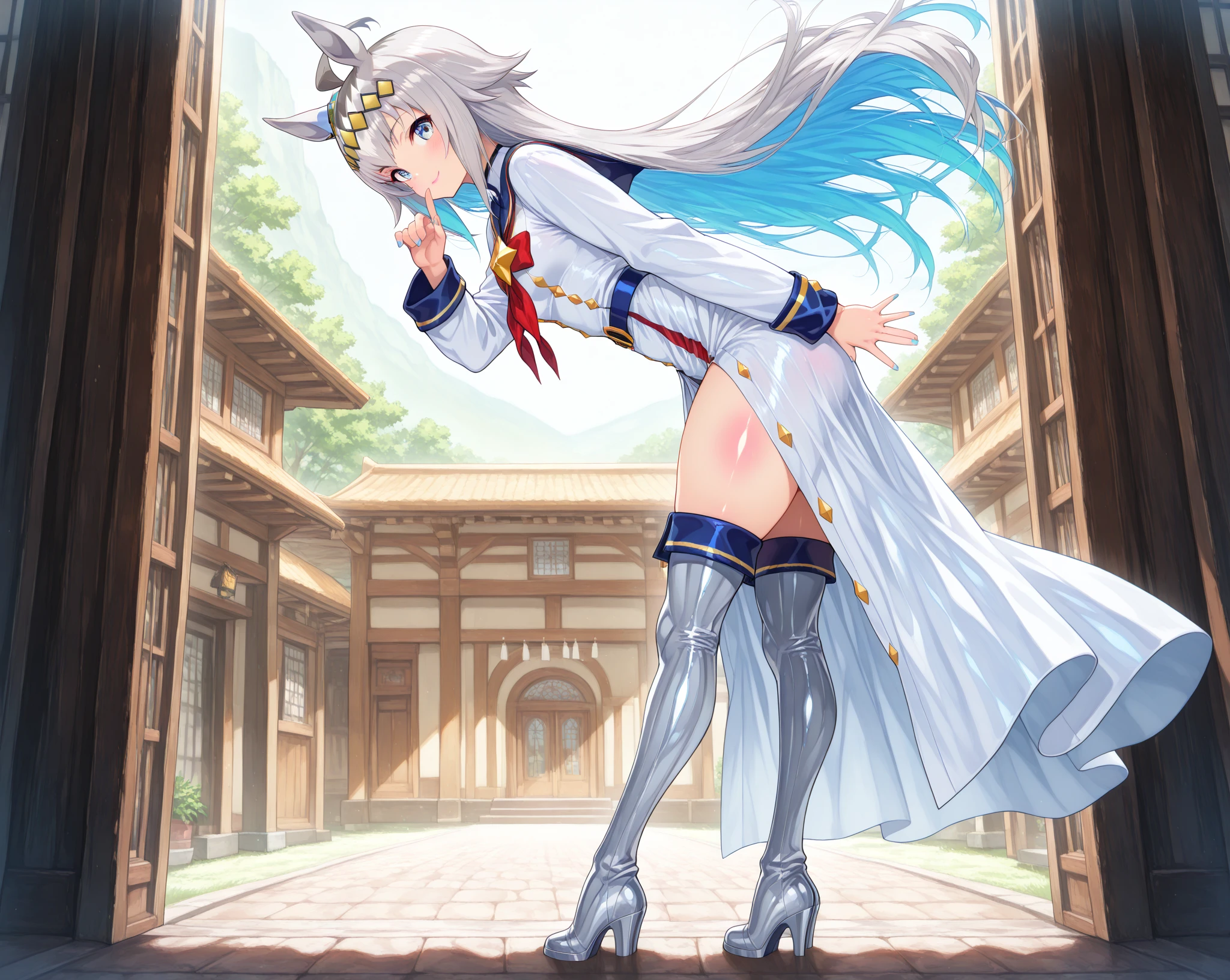 Gray Hair、Fox、Warrior、shrine、Long Hair、Small breasts、highest quality、He has a sword at his waist.woman、Half-naked、