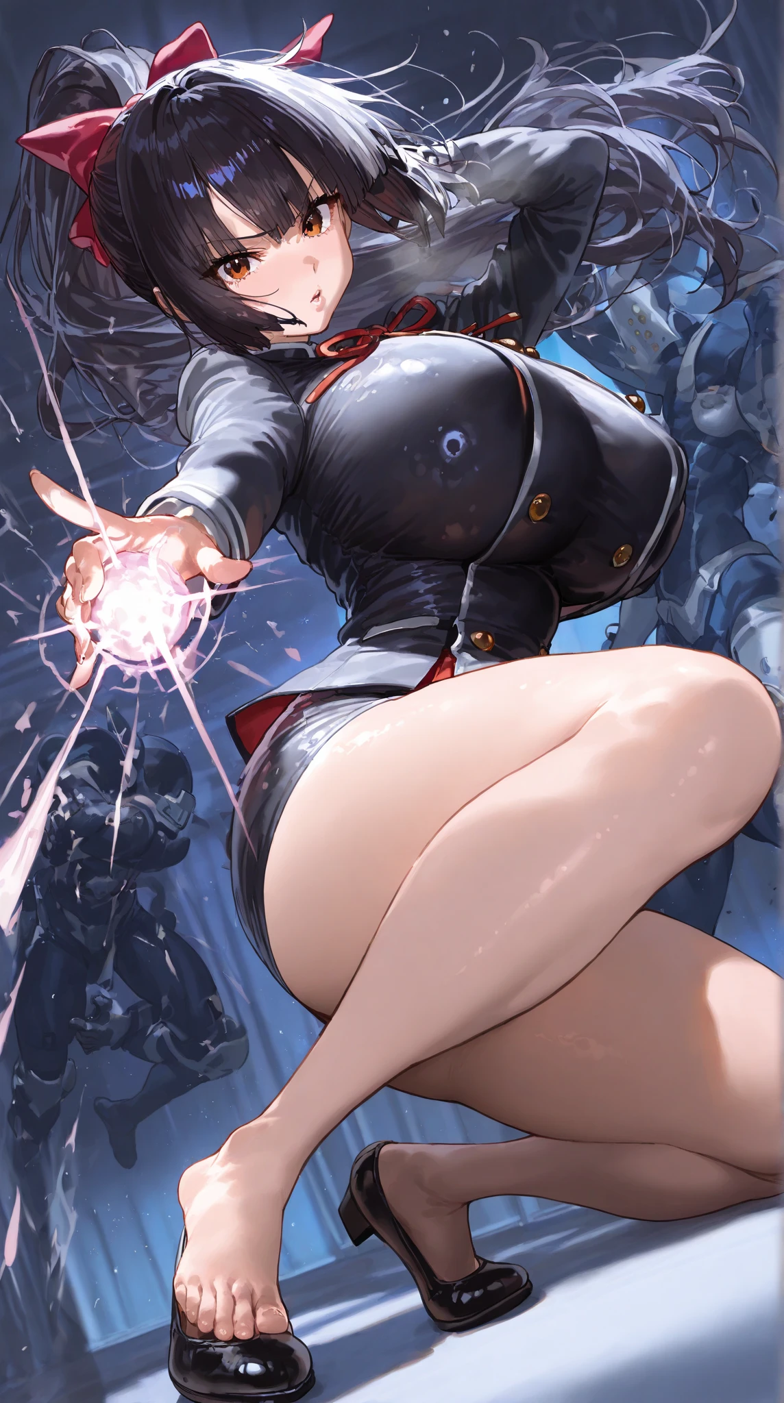 ultra-detailed, Explicit, Beautiful body, Beautiful Nose, Beautiful character design, perfect eyes, perfect face, ultra highres, 4K, beautiful legs, perfect legs, Nice hands, Perfect hand, Masterpiece, Best Quality, Highly detailed, illustration, absurdres, street fighter, doll suit, shadaloo doll, dollsuit, expressionless, blank eyes, looking at viewer, red gloves, emotionless, black latex, corrution, mind control, female combatant, full body, hypnotized, unhappy trance, full body suit, ribbed bodysuit, both arms at side, obey, perfect female body, extremely glossy latex, hypnosis, hypnoLora, empty eyes, Mind control device, poses, submissive_pose, Slave, hat, necktie, stand up straight, standing, standing at attention, hat, necktie, belt, latex, ribbed bodysuit, thighhighs, garter belt, Fighting Stance, extending the right arm from the shoulder into the air with a straightened hand, nazi saluting, military, military saluting, salute, thigh boots, 1girl, Blue reflection, blue eyes, kasuga shiho, black hair, long hair, asanagi style