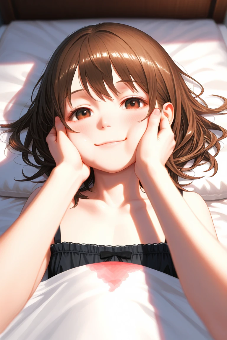 Whole body, precise proportions, 18 year old girl, skinny model lying next to the bed, Hair blowing in the wind, , blush, shyness, clavicle, ABS, White skin, real skin, (face detail), no panties, broad smile, white teeth,, beautiful, flores,