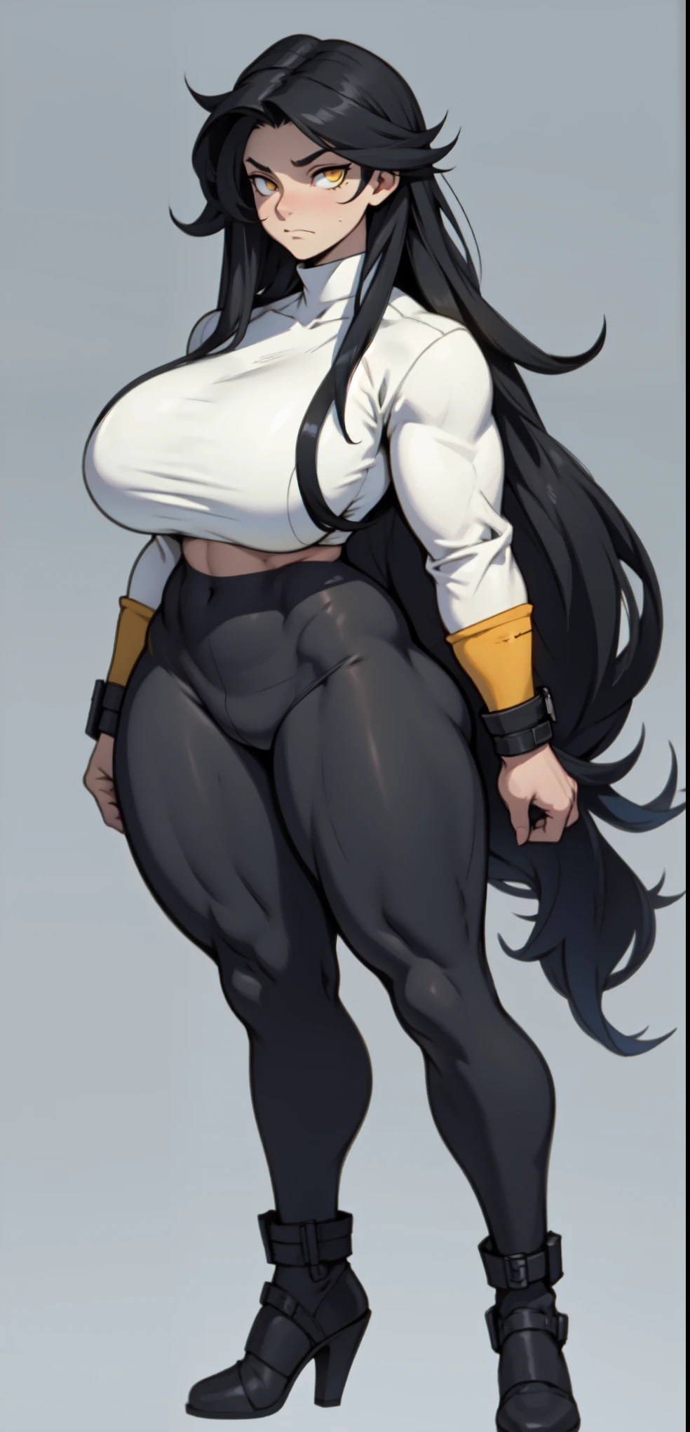 1girl solo black hair yellow eyes very long hair pale skin muscular muscular muscular muscular toned body huge muscles thick thighs girl tight clothes angry blushing messy hair tight shirt long sleeves thick thick thick thick (gradient gradient gradient gradient gradient gradient)