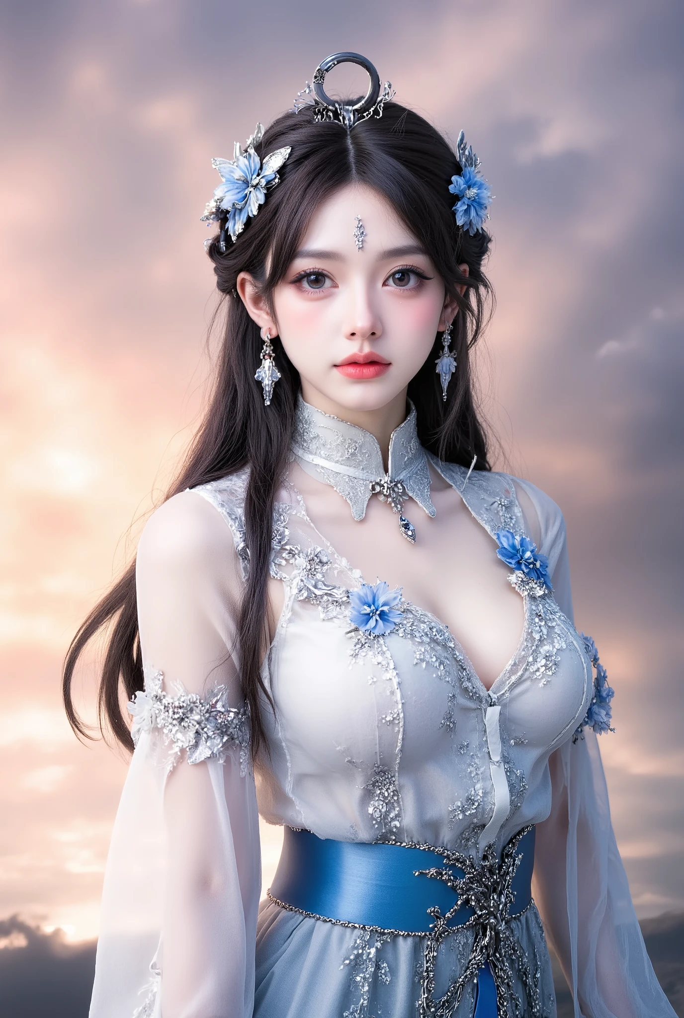 clothing
Dressed in an antique costume with a blue and white color scheme,The overall style is light and flowy。Top is translucent material,饰有精致的银色花纹与蓝色Flowers装饰,Unique design on the shoulders and chest,Accentuate elegance。has silver butterfly ornaments on the high neck,Wear it with a blue belt,The belt is decorated with a metal chain,to add a sense of gorgeousness。
Long hair shawl,Part of the hair is cleverly braided。with beautiful headwear on the head,is shaped like a metal ring、Flowers、Composed of crystals, etc.,A hanging crystal decoration on the forehead。Matched with earrings in the same color,Overall shape is gentle and charming,Full of classical charm。
Makeup
Slim and feminine eyebrows,Natural and clear eye makeup,highlight bright eyes。blush,It shows a natural and good complexion,Lip makeup is bright red,The overall makeup is exquisite and delicate,Complements the overall shape,creates a gentle and bright classical beauty atmosphere。