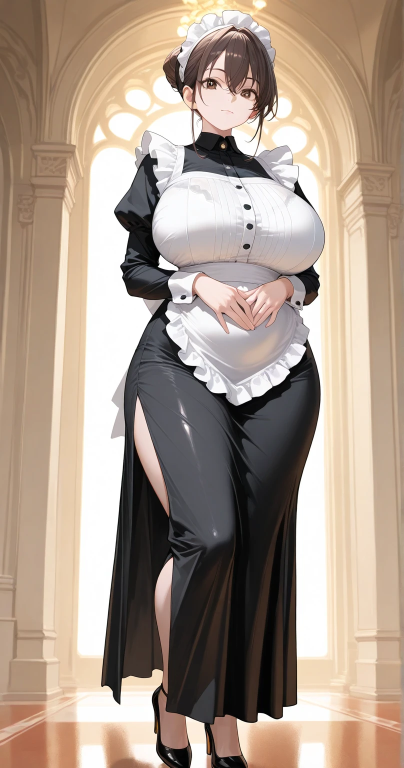 (Nun),alone, masterpiece,huge breast, looking at viewer, detail eyes, (detail face:1.2), standing, (front view), (night), looking at viewer, cleavage, sexy, (perfect breast:1.2), indoors, (gothic make up:1.2),(red eyes:1)