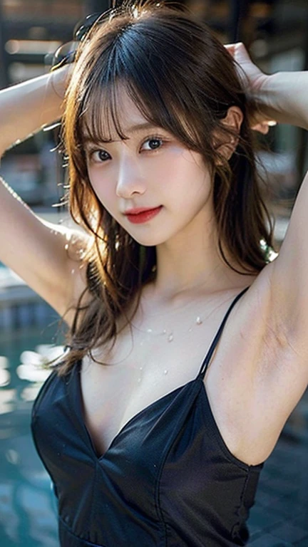 ((((Sexy pose))))、((((F cup bust、Sexy belly、Black Hair、Soft Bust))))、((((A woman wearing a white side-string high-leg bikini:1.4、Plain lace bikini))))、Smooth even on super oily skin, Shiny finish、Laugh shyly、Resort、Maldives、Beautiful light blue water surface:1.2、No waves、Overwater Bungalows、Sexy pose、sitting on the pier、My body is soaked、barefoot、Thin seamless jackets become see-through when wet...、Thin seamless jacket open、Seamless bikini is made of very thin and soft material、The lines of the body are clearly visible、Japanese Model, Attractive body、Young and sexy gravure idol、Beautiful female body、Beautiful appearance、Amazingly attractive、Beautiful Asian Girl、Sexy Girls、Beautiful body、Swimwear、The poolside is nicely decorated.、The spotlight is only on the girl、sticking out from the top of her bikini、She has a good style.、masterpiece、8K、Very detailed、Ultra-high resolution、Realistic body、Kind eyes、Natural color lip、Cute Woman、Highest quality、Wavy colorful hair、Shy beauty、Embarrassing、exciting beauty、Captivating beauty、Beautiful woman、Young Beauty、((((look up、Close-up photography、Looking into the camera))))、Clarification of background