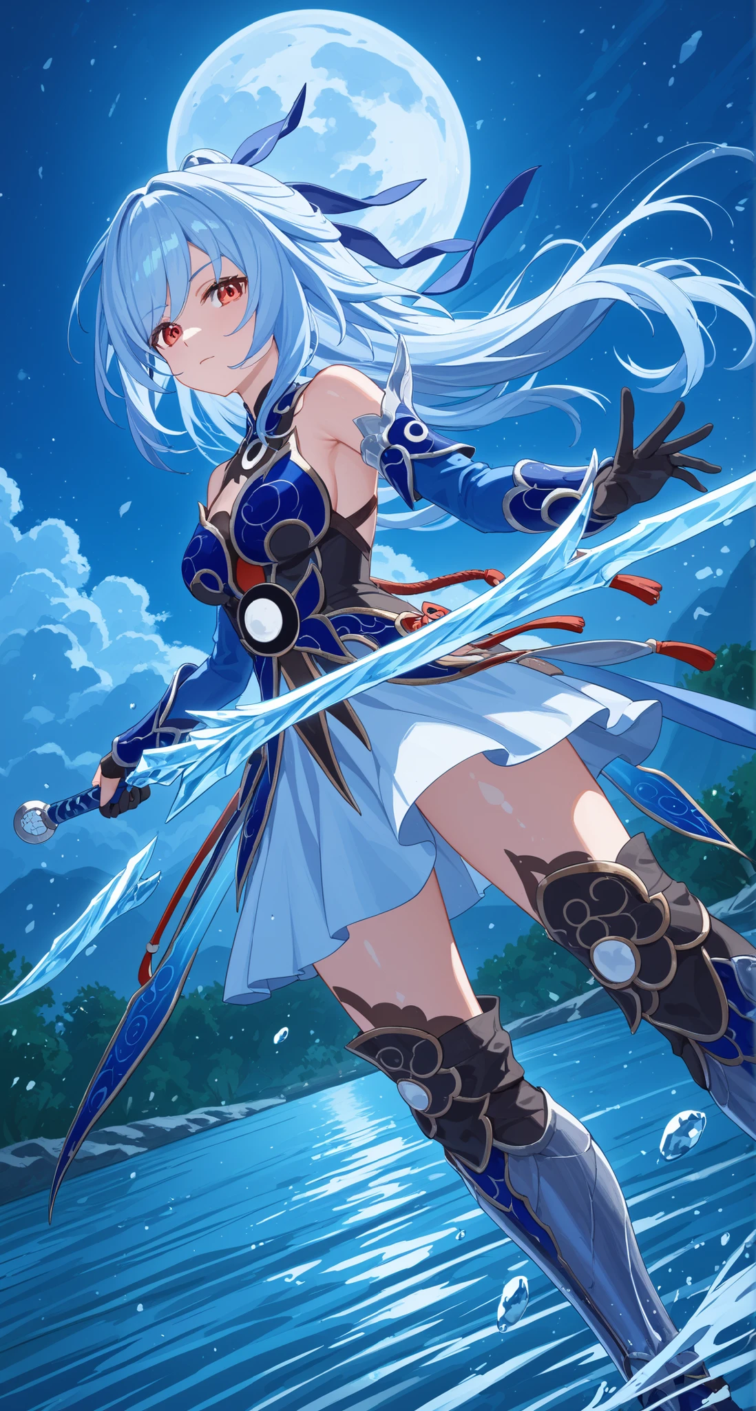 nsfw,Jingliu,glass cover,side shot,alternate color,masterpiece,detailed illustration,lifelike,{{{1Jingliu}}},shiny beautiful woman,cinematic lighting,dynamic angle,dynamic pose,depth of field,looking at viewer,1girl,jgsd,red eyes,blue armored dress,white skirt,tassels,hair ribbon,black gloves,blue sleeves,armored boots,light blue skirt,lake,night,midnight sky,crescent moon,fighting stance,holding an Ice sword,expressionless,standing,contrapposto,arched back,open legs,from below