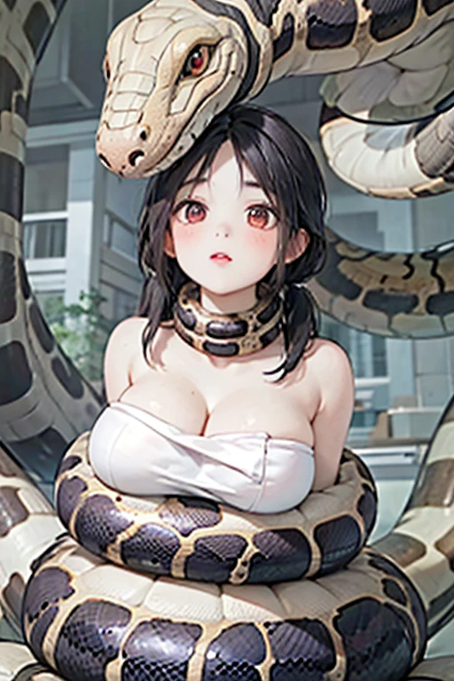 (nsfw:1.2),thin and smooth hair,Neat and loose bangs,Beauty and the Snake,Golden python on the body,Smooth snake anaconda,(Python clings to skin:1.12),(Wear only open long sleeve shirts:0.8),Lick his lips,Hollywood special effects masters,European beauty with soft light effect,HD wallpaper,Background Blur,Alley Background,dark feeling,Grey Sky、(I want to see up to my knees:1.5)、(Overflowing Sex Fluids:1.5)、One mole on the mouth
