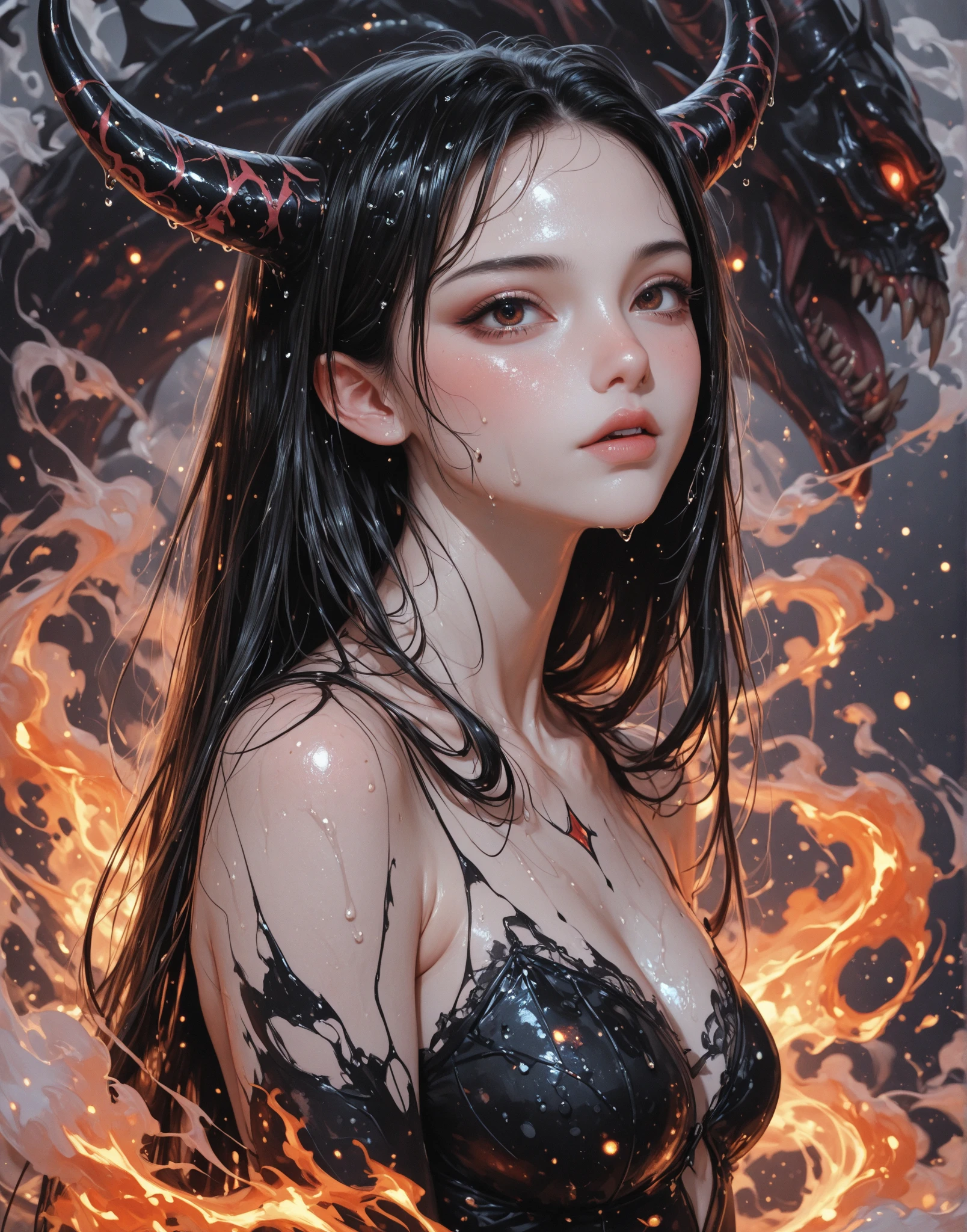 ?????体、?????、Big Breasts、Horrorな雰囲気、Towering Giant、Woman who brings disaster、A powerful and impressive image、Accurate female body、Human body、giantess、A woman bigger than a building、The giant female body、Giantess、The Devil's Outfit、Giant Devil、Villainess、Bad guy、Messenger from Hell、walk、masterpiece、Detailed illustrations、precise illustration、High quality、Japanese、smile、smile、Cute woman、Long Hair、Low - Angle、Small Town、A small city in ruins、都市のLow - Angleの遠景、masterpiece、Anatomically correct、sand smoke、Smoke is rising、Building burns、Gloomy Weather、night、Horror、Catastrophe、thunder、storm、rain、person looking up from below々、Depict as cruelly as possible
