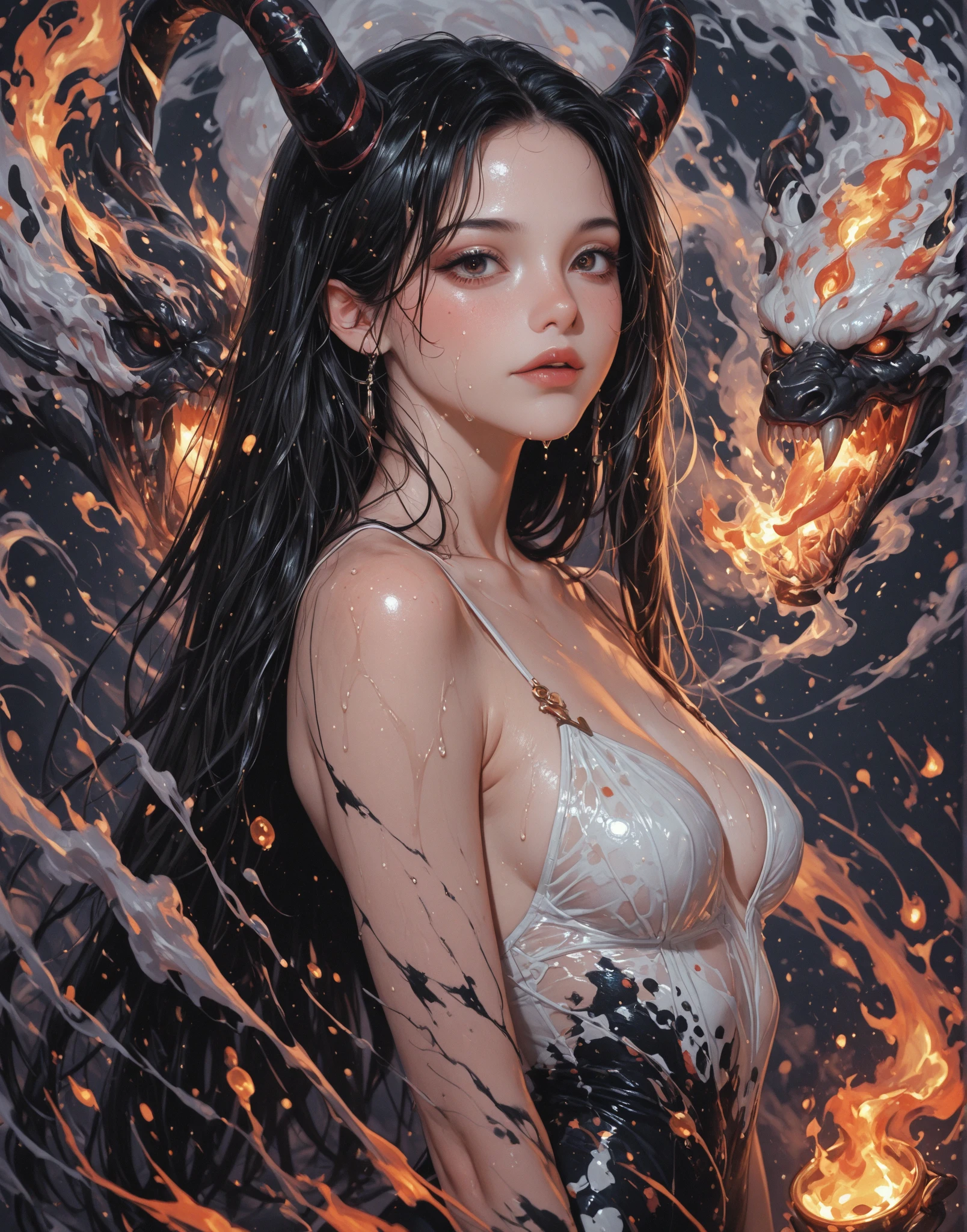 painting of a woman with loose hair and flowing liquid, glossy digital painting, karol bak uhd, the body is painted with black liquid, smothered in melted chocolate, Airbrush digital art, Dark chocolate painting, sultry digital painting, red paint, gorgeous digital art, Chrome Art, beautiful gorgeous digital art, stunning detail in digital art, red liquid, chocolate art