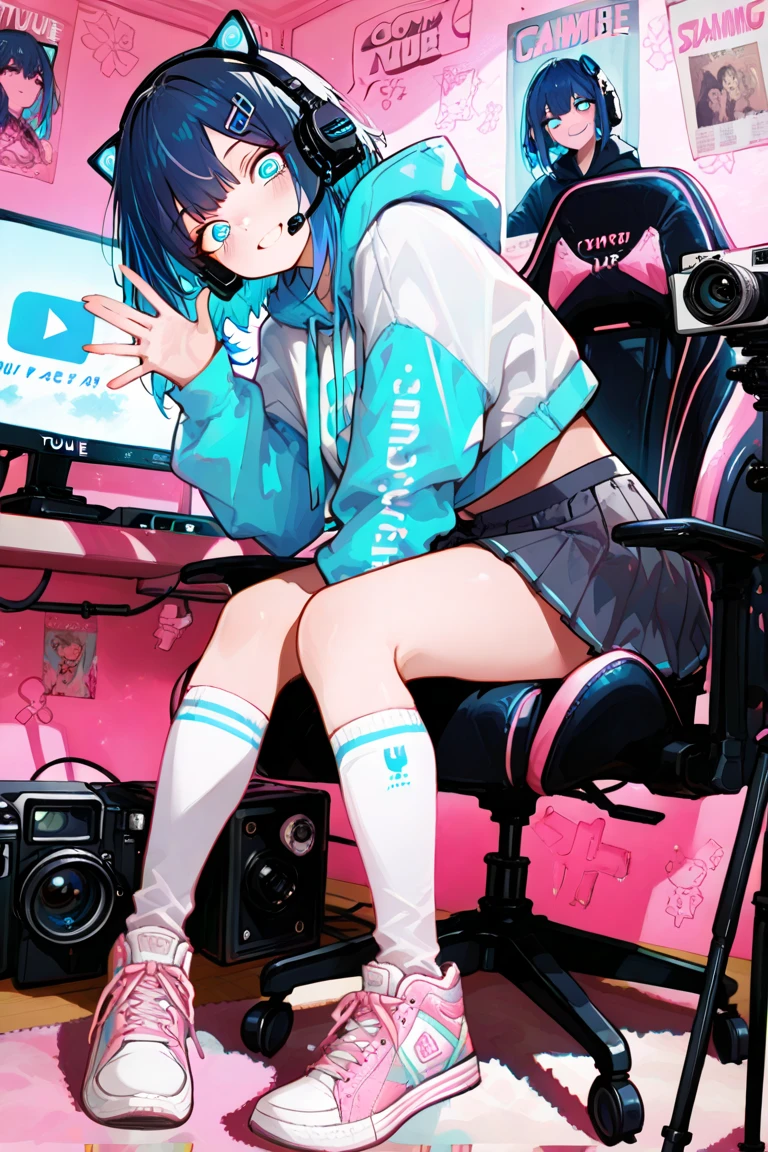 Girl doing live in front of the gaming PC sitting,
And leave it in a fisheye lens Pay more attention to the scene Put it in full body perspective