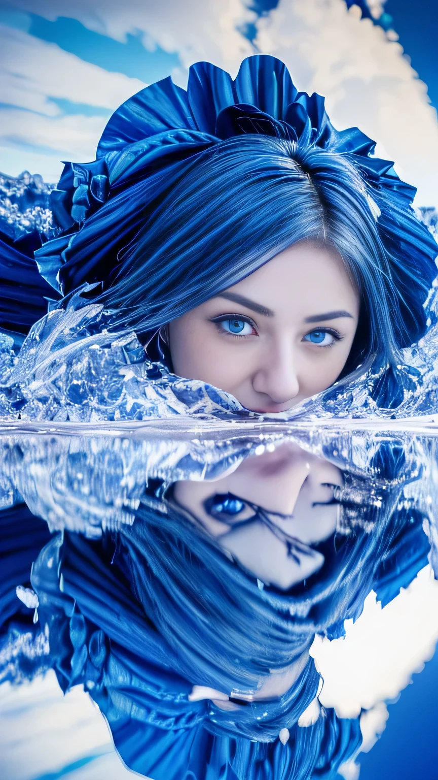 absurdres, highres, (official art, beautiful and aesthetic:1.2), (near vision:1.15), (1girl, blue hair, medium hair, blue eyes, bright eyes, long white dress, blue ruffle,:1.2) blue sky, Shimmering Galaxy, (Salar de Uyuni:1.2), (fractal art:0.8), water effects, ripple effects, (flower effects: 0.65), light effects,