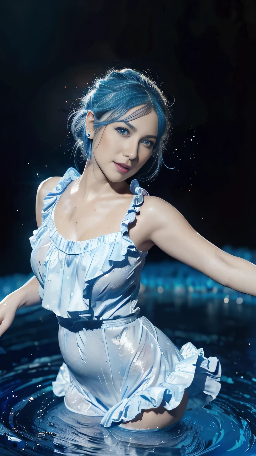 absurdres, highres, (official art, beautiful and aesthetic:1.2), (near vision:1.15), (1girl, blue hair, medium hair, blue eyes, bright eyes, long white dress, blue ruffle,:1.2) blue sky, Shimmering Galaxy, (Salar de Uyuni:1.2), (fractal art:0.8), water effects, ripple effects, (flower effects: 0.65), light effects,