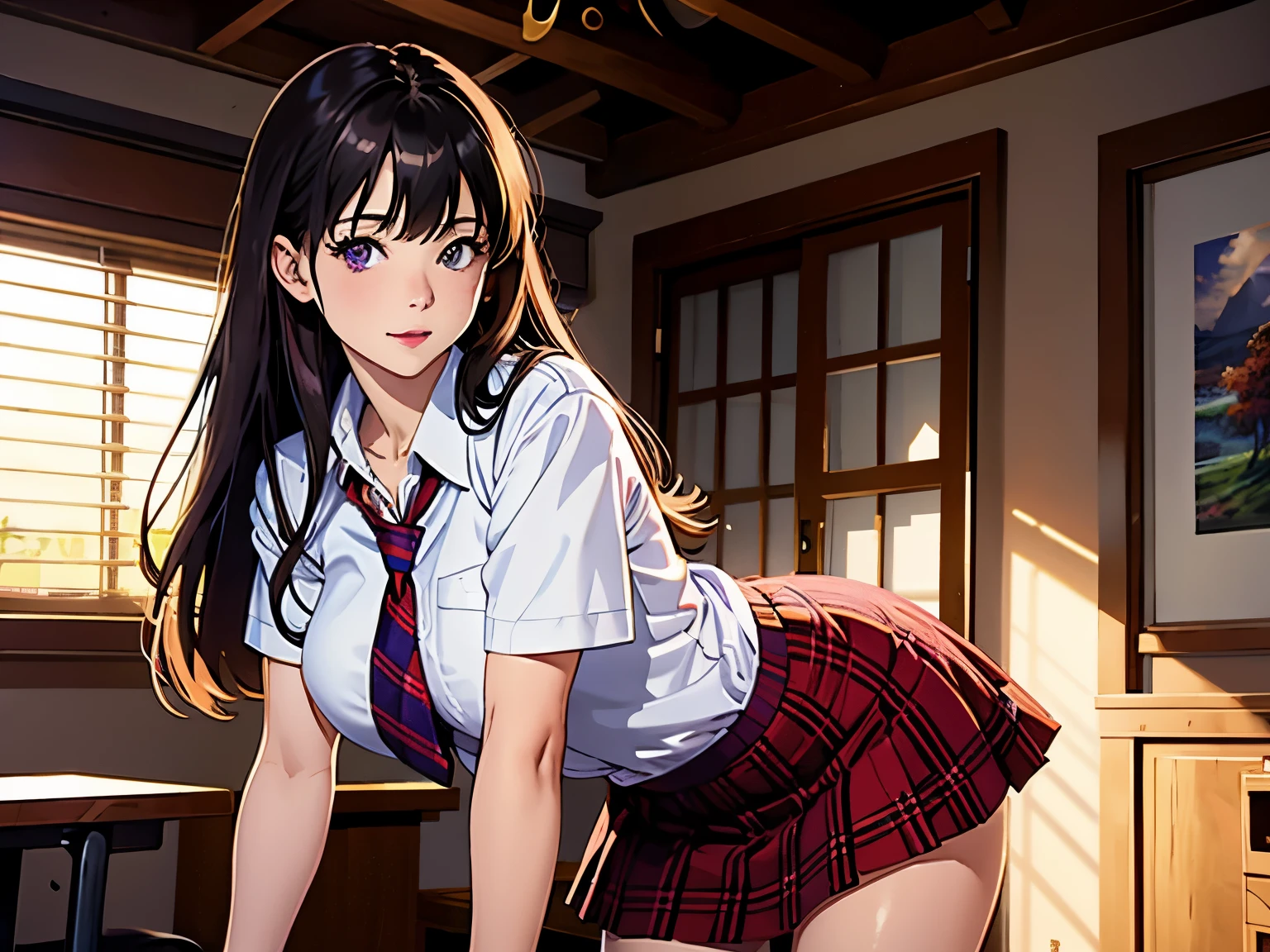(Highest Quality、high resolution、masterpiece)、4K Anime Art、Portrait、female、18 years old、brown hair、long hair、kind smile、big breasts)、soft focus、uniform、red plaid skirts、
purple eyes, school classroom, soft light,  fine texture, Photographic Finish, 4K resolution for hard hair, realistic, HDR, delicate paintwork, Professional, Beautiful Saturation, Yoga Poses、M-shaped leg opening、open your mouth、