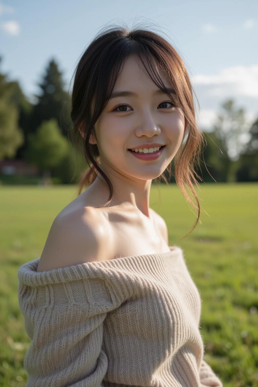 Professional photo-realistic images, (on green in sunset park), (No bra and wearing a loose white pullover) A cute Japanese woman with fluffy short hair 20 years old, she is crouching, leaning forward, and placing her hands on her knees. the pullover collar is dangle down from chest, her breasts and nipples are glimpse from the gap, She looks at me and blushes with a shy smile. Composition from directly above, nsfw,