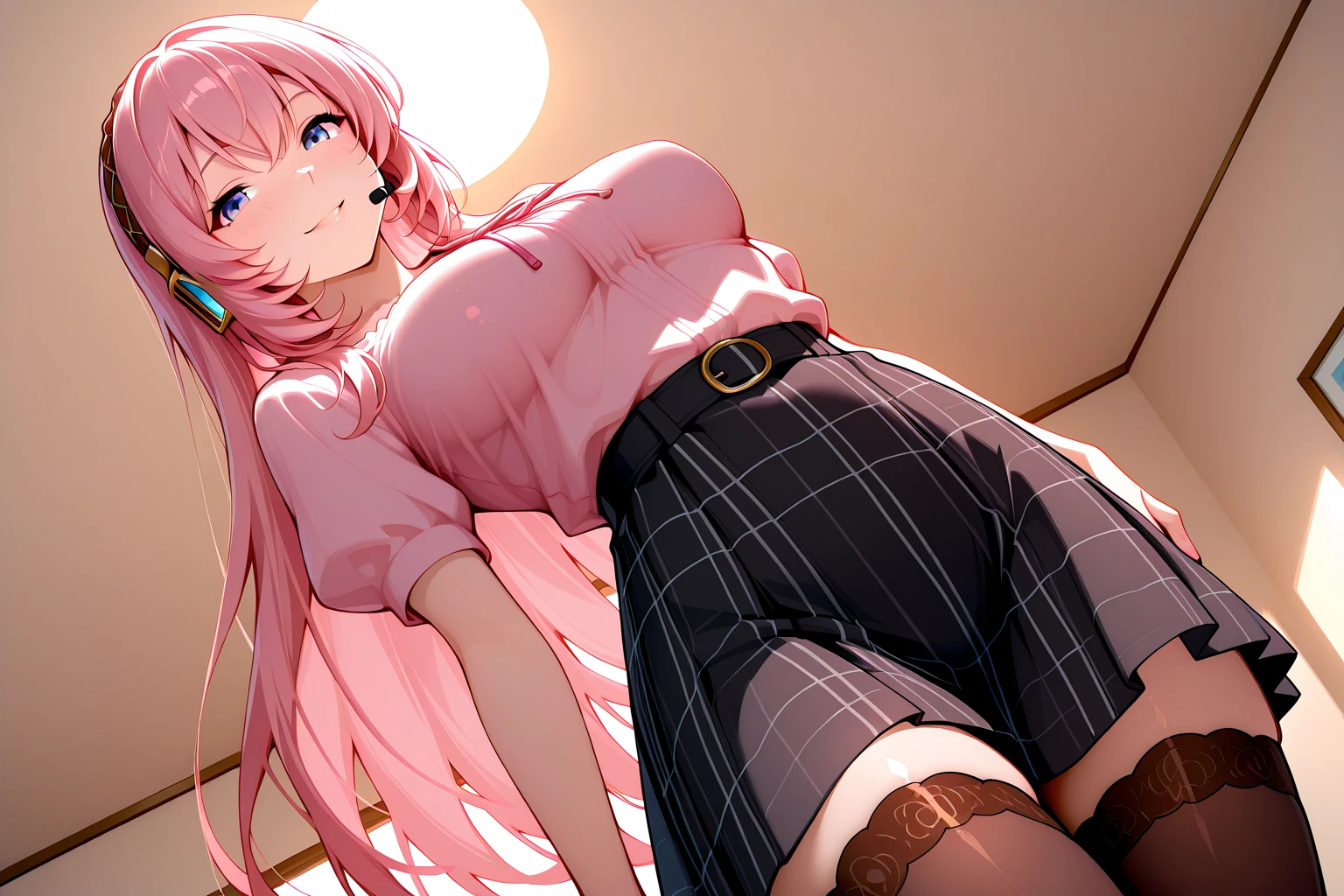 (Nsfw),Hayatakagi, Hajime Takagi, Long hair, bow ribbon, (Twin-tailed:1.3), (Brown eyes:1.5), Hair Ribbon, Pink hair, (eye glasses:1.3),,(looking at the viewers:1.3),BREAK (masutepiece:1.2), Best Quality, High resolution, Unity 8k Wallpaper, (Illustration:0.8), (Beautiful detailed eyes:1.6), extra detailed face, Perfect Lighting, extremely details CG, (Perfect hands, Perfect Anatomy), big hotel room,Naughty big、thighs thighs thighs thighs、solo, very big breast, detailed nipples, deep cameltoe, barely spread legs, caderas anchas, ultra small high leg string thong, translucent stockings, perfect round detailed and realistic nipples, detailed vagina, daylight illuminated, black transparent super ultra small lace lingerie, with an realistic detailed combat knife in on hand in the most erotic pose, showing her beautiful nipples, super short mini school skirt upskirt, full body picture